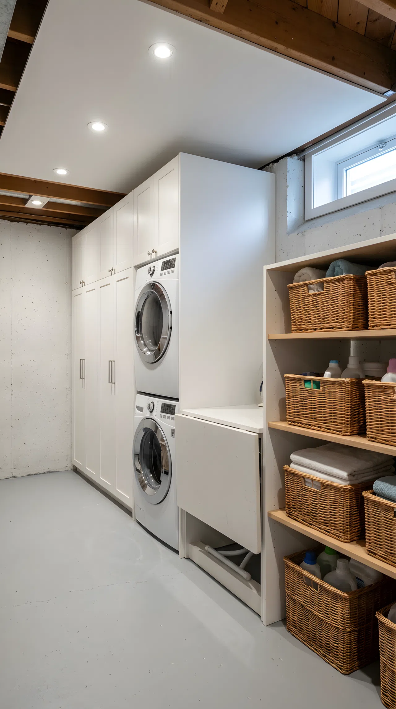 Maximize Floor Space with Custom Vertical Cabinetry
Real-life stock photography of a finished basement laundry room design, featuring a vertical layout with front-load washer and dryer stacked neatly against a subterranean wall. Tall floor-to-ceiling white cabinets provide ample storage, with wicker baskets beautifully arranged on open shelves. The room features a characteristic low ceiling with recessed ceiling lights and a small, high-set transom window near the ceiling line. The space is completely organized, clean, neatly made, and illuminated by a mix of bright overhead lights and soft ambient tones.