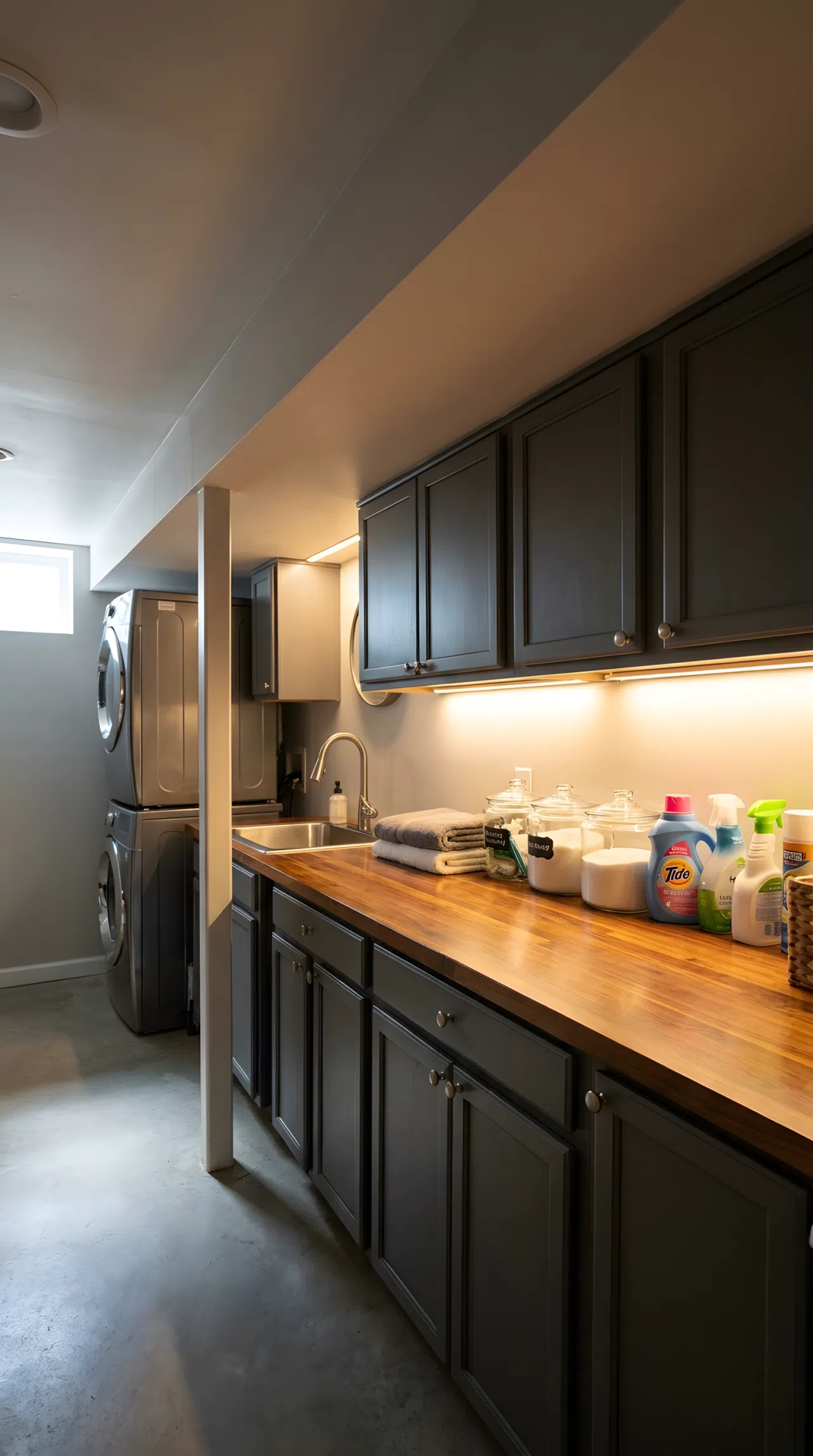 Optimize Workflow with Under-Cabinet Task Lighting Position
Real-life interior stock photo highlighting the perfect lighting position in a finished basement laundry room. The room has a low drywall ceiling, emphasizing the cozy underground setting. Warm LED strip lights are mounted directly underneath the upper cabinets, casting a bright, focused glow downward onto a clean wooden countertop. This strategic illumination eliminates all dark corners typical of an underground space, showcasing beautifully arranged laundry bottles. The setup is organized, clean, and neatly made, featuring vibrant ambient tones from the artificial lights.