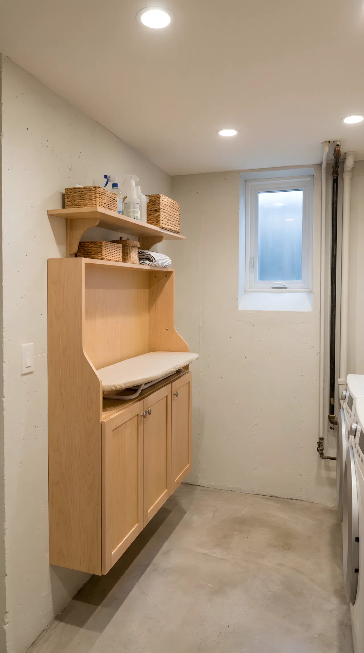 Save Walkway Clearance with a Wall-Mounted Folding Board
Real-life stock photography of a compact basement utility space, showing a smart fold-down wooden ironing board attached to the wall. The wall-mounted station is beautifully arranged with a small shelf holding supplies. The room is clearly underground, featuring a low ceiling and a small high-set basement window at the top of the wall. The area is clean, organized, neatly made, and illuminated by bright recessed overhead lights.