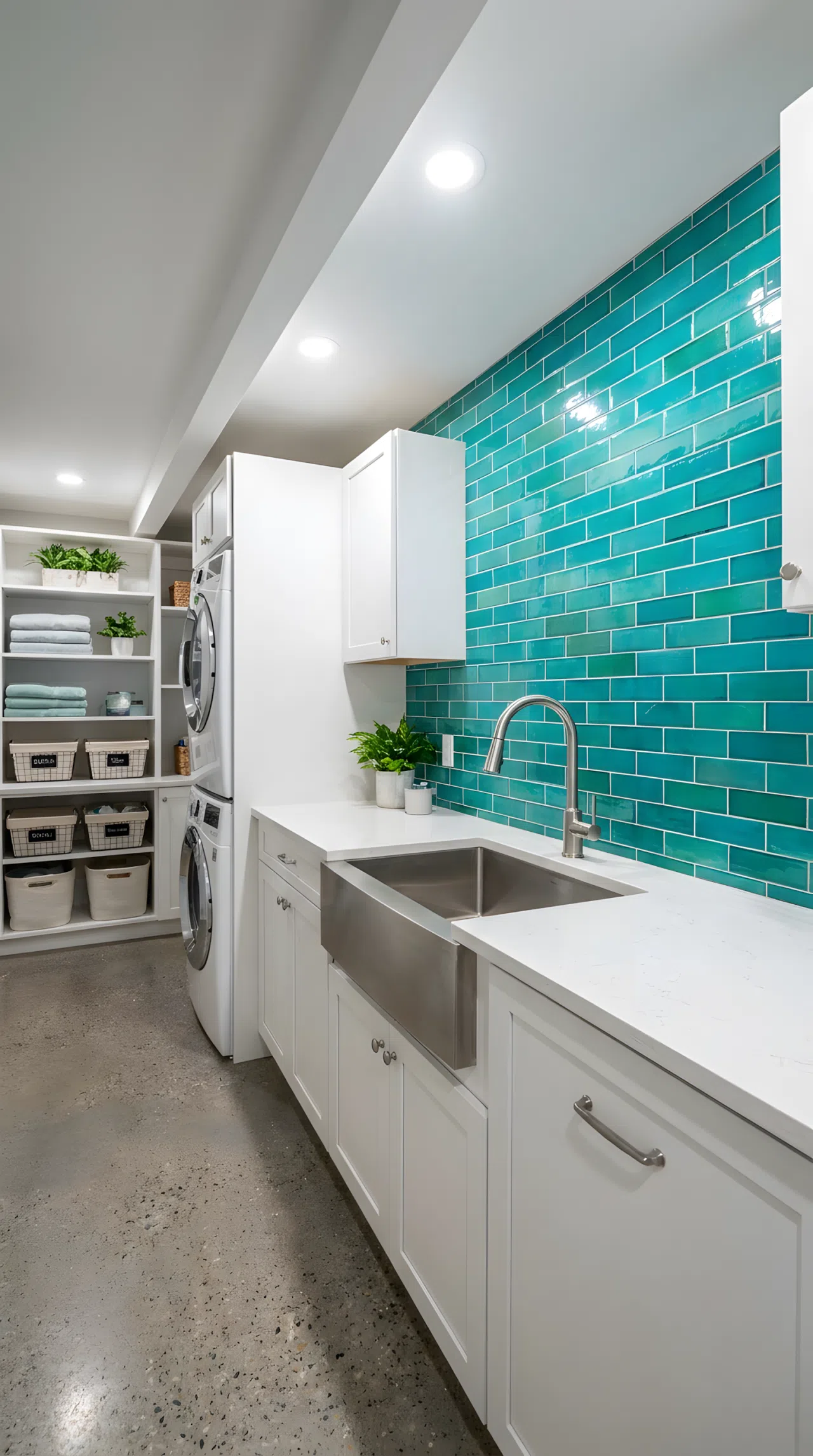 Inject Vibrant Energy with a Glossy Ceramic Tile Backsplash
Real-life stock photography of a finished basement laundry room featuring a stunning, vibrant teal ceramic tiled backsplash behind the deep utility sink. The colorful tiles contrast beautifully with clean white quartz countertops. The space has a low ceiling, no exterior doors, and is perfectly neatly made, beautifully arranged, organized, and clean, illuminated by bright artificial overhead lighting that makes the colorful tiles pop.