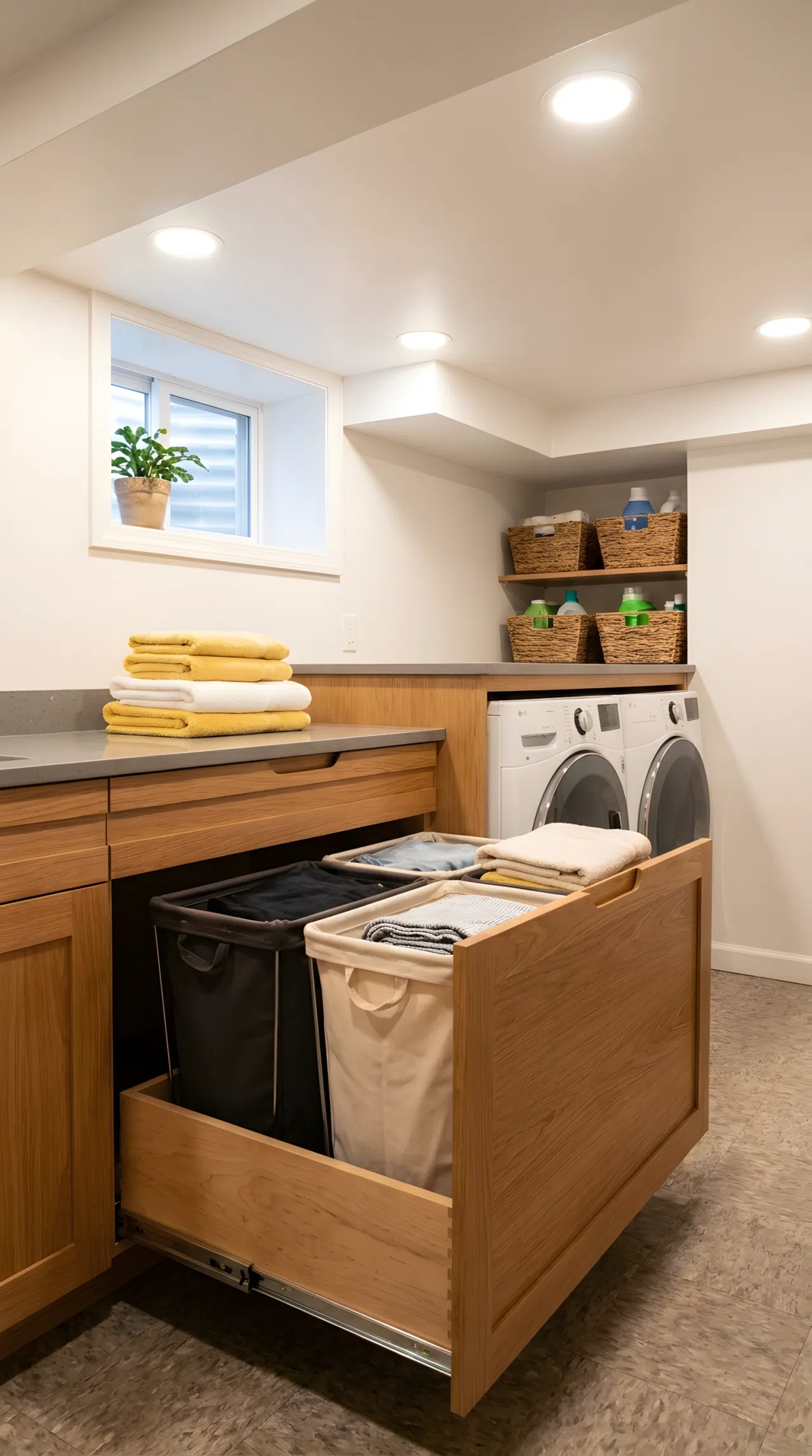 Streamline Sorting with Integrated Pull-Out Laundry Hampers
Real-life interior stock photo of a small finished basement laundry room, showing a custom lower cabinet drawer pulled open to reveal built-in laundry hampers. The space is clearly an underground room with a low ceiling and a small, high basement window. The room is perfectly organized, clean, neatly made, with vibrant yellow accent towels on the counter, illuminated by bright, clean recessed lights.