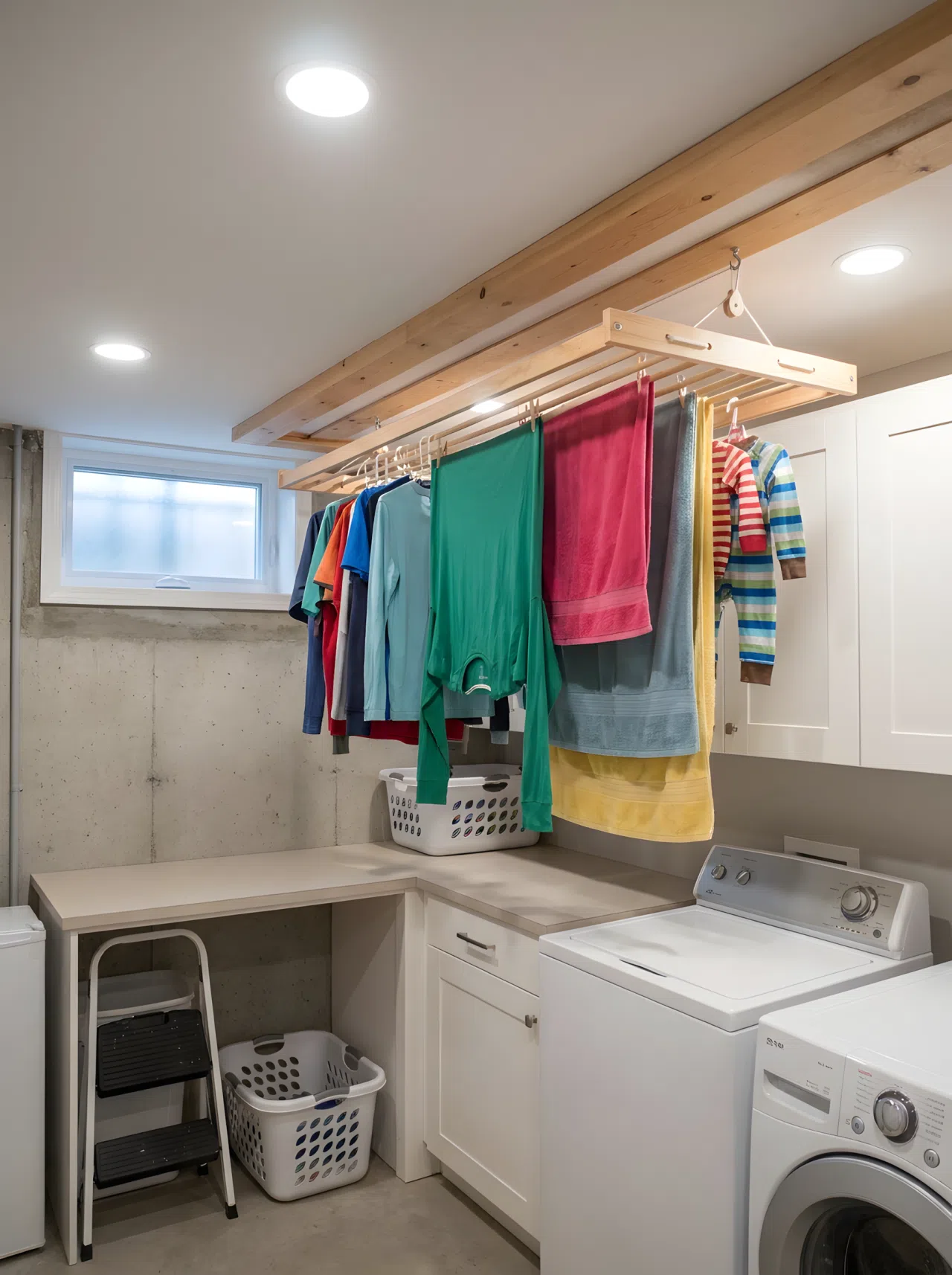 Utilize the Ceiling Zone with an Overhead Pulley Drying Rack
Real-life stock photography of a finished basement laundry room. An overhead wooden pulley drying rack hangs from the low basement ceiling, with colorful clothes neatly made and hanging to dry. The utility space below is perfectly organized and clean, illuminated by bright recessed lights and faint daylight from a small high-set hopper window near the top of the wall.