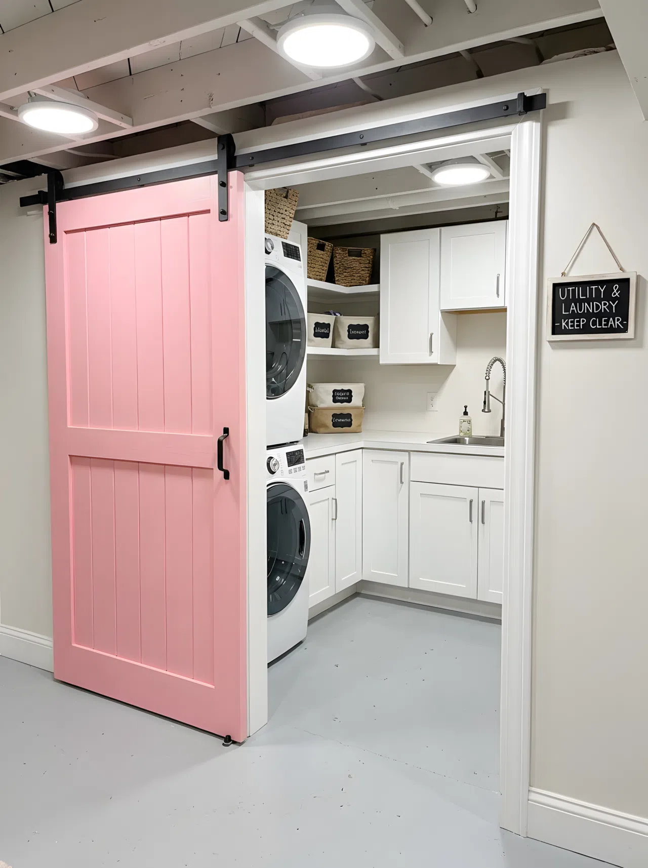 Save Walkway Clearance with a Space-Saving Sliding Barn Door
Real-life interior stock photo showing a vibrant pastel pink sliding barn door opening into a compact basement utility space. The layout showcases a highly functional basement laundry room design with white cabinets under a low ceiling, with absolutely no connection to the outdoors. Everything is beautifully arranged, clean, organized, and washed in bright artificial light from ceiling fixtures.