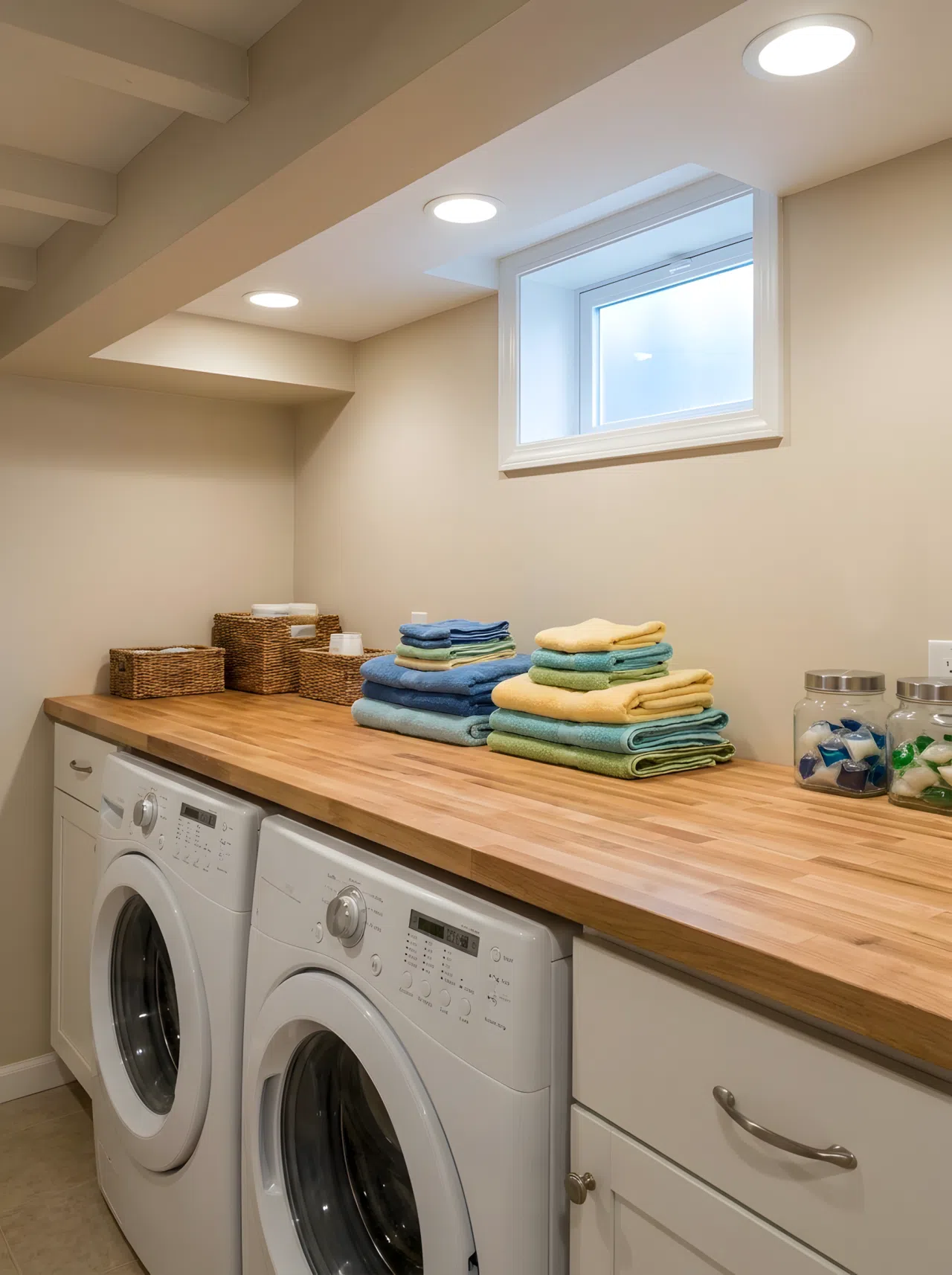 Build a Seamless Countertop Station Over Front-Loading Machines
Real-life stock photo of a small basement laundry room with a seamless butcher block countertop installed over twin front-load washers. The space features a low basement ceiling and a small window set high on the wall. Stacked colorful folded towels are neatly made and beautifully arranged on top. The room looks perfectly clean, organized, and bright from recessed ceiling lights.