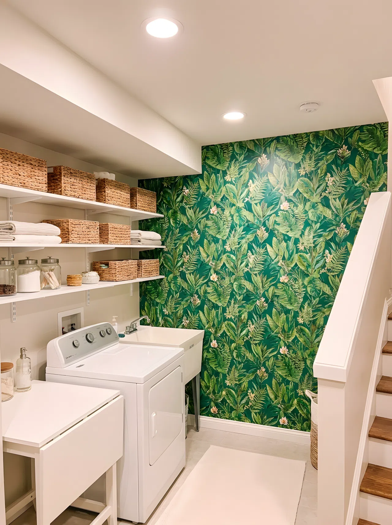 Energize the Room with a Vibrant Botanical Wallpaper Accent Wall
Real-life interior photography of a finished basement laundry room featuring a bold, vibrant green botanical wallpaper on the main accent wall. The room is enclosed with a low ceiling and no exterior doors, emphasizing the cozy underground feel. White shelves are beautifully arranged with organized wicker baskets. The entire workspace looks incredibly clean, fresh, and brightly lit by overhead fixtures.