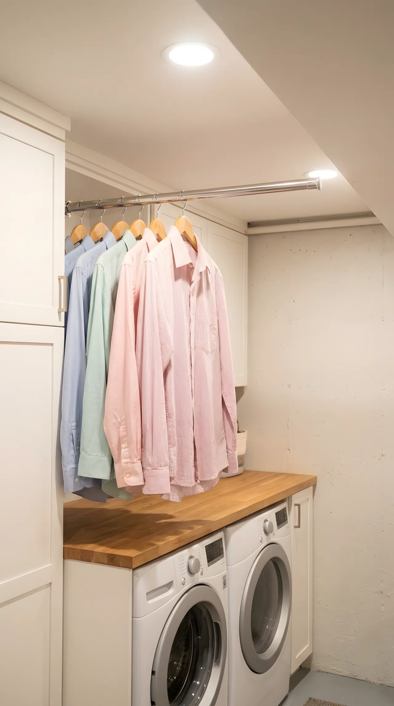 Retractable Valet Rod Integrated into Cabinet Trim
Real-life stock photography of a subterranean basement laundry room, featuring a modern retractable valet rod pulled out from white cabinets. Vibrant pastel shirts hang neatly on wooden hangers. The laundry space has a low ceiling, is perfectly organized, clean, neatly made, with bright warm artificial light illuminating the scene.