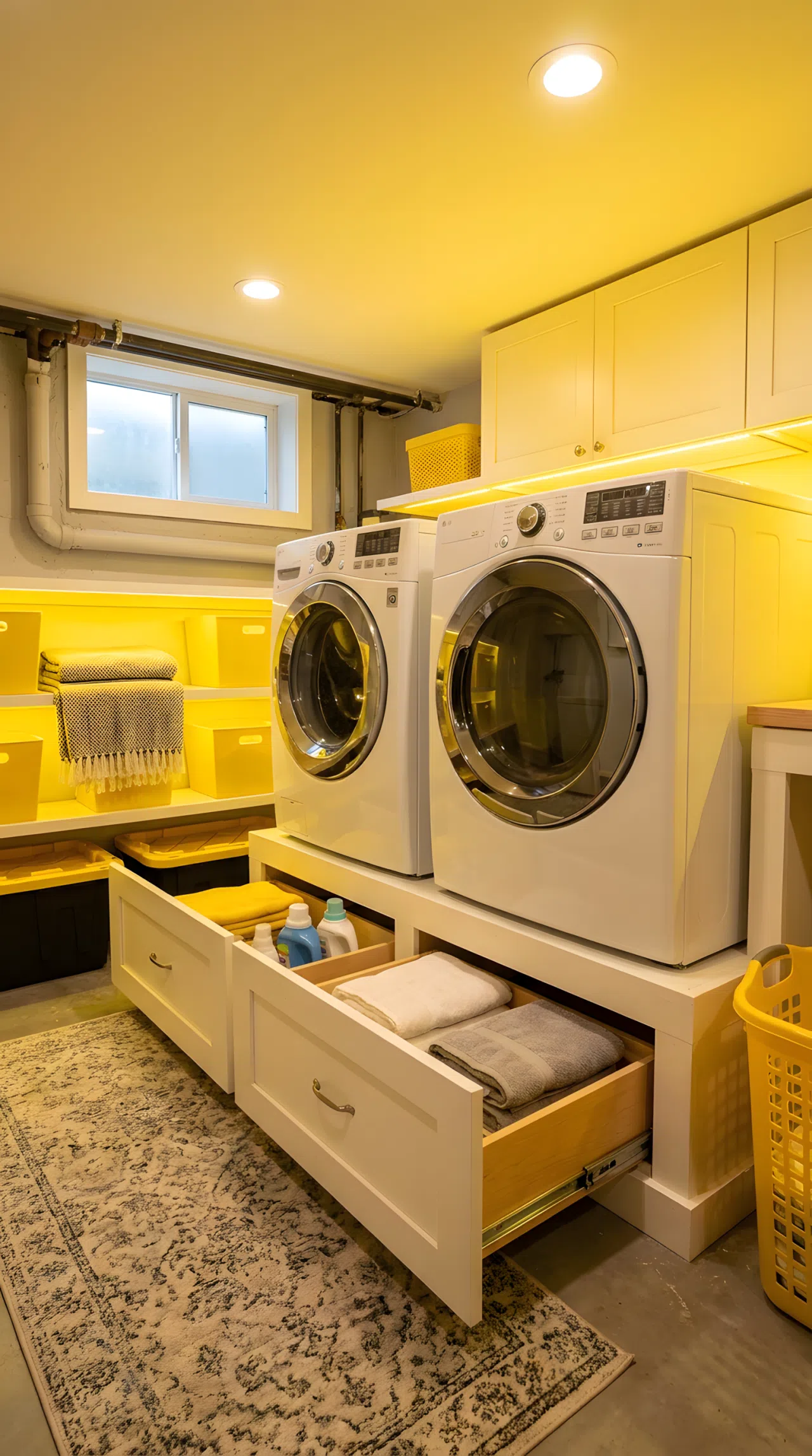 Ergonomic Elevated Machine Pedestals with Storage Drawers
Real-life interior stock photo showing a small basement laundry room with a washer and dryer elevated on custom white wooden pedestals. The room features a low basement ceiling and a small high-set window. The deep drawers underneath are slightly open, showing neatly made storage. The space is bright, clean, organized, featuring vibrant yellow accents from artificial lighting.