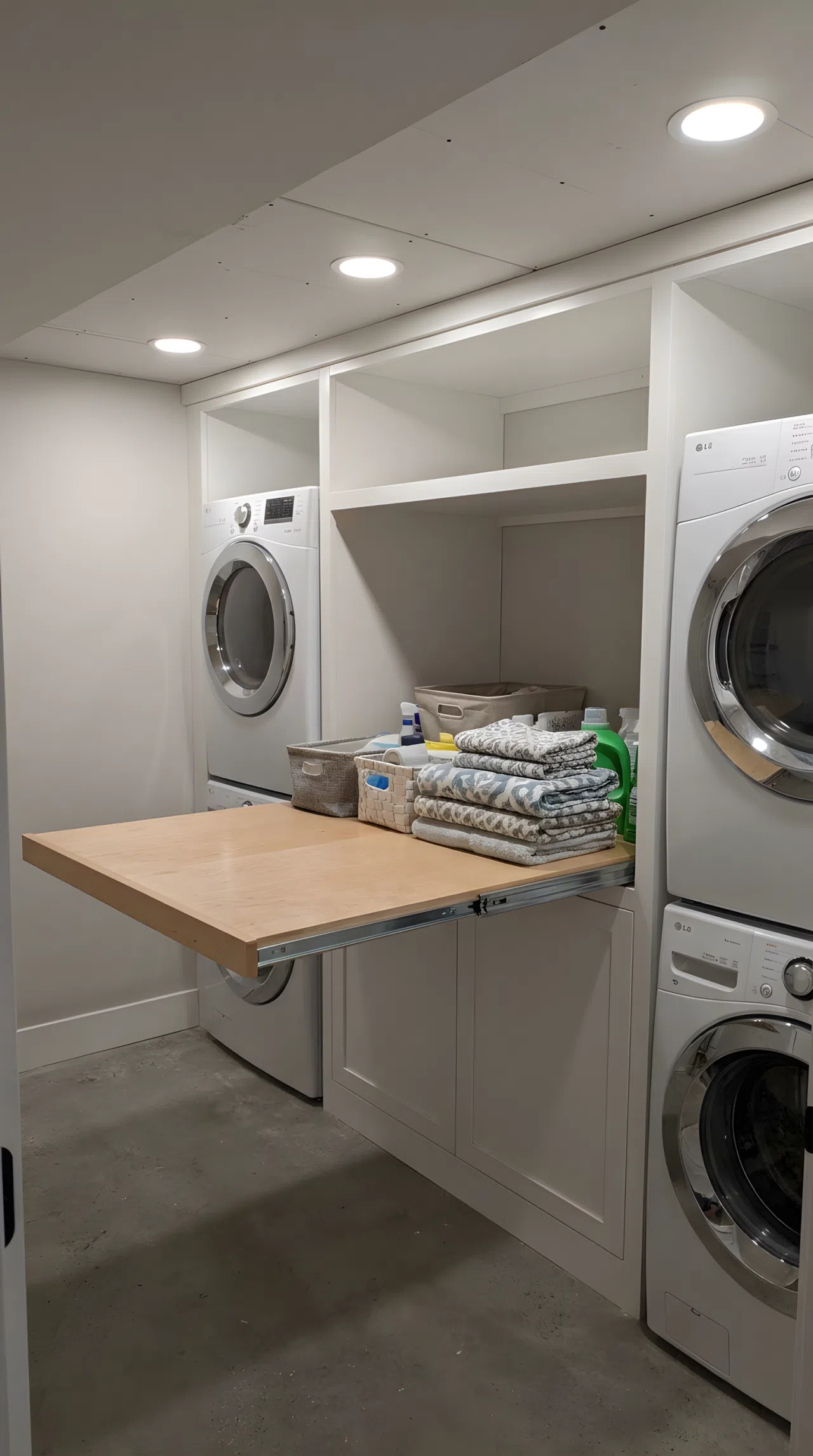 Hidden Slide-Out Folding Table Integrated into Cabinetry
Real-life interior photography of a compact basement utility space, showcasing an innovative basement laundry room design under a low drywall ceiling. A wooden slide-out folding table is extended from white cabinets, with beautifully arranged colorful linens on top. The room is clean, organized, and brightly lit by recessed can lights.