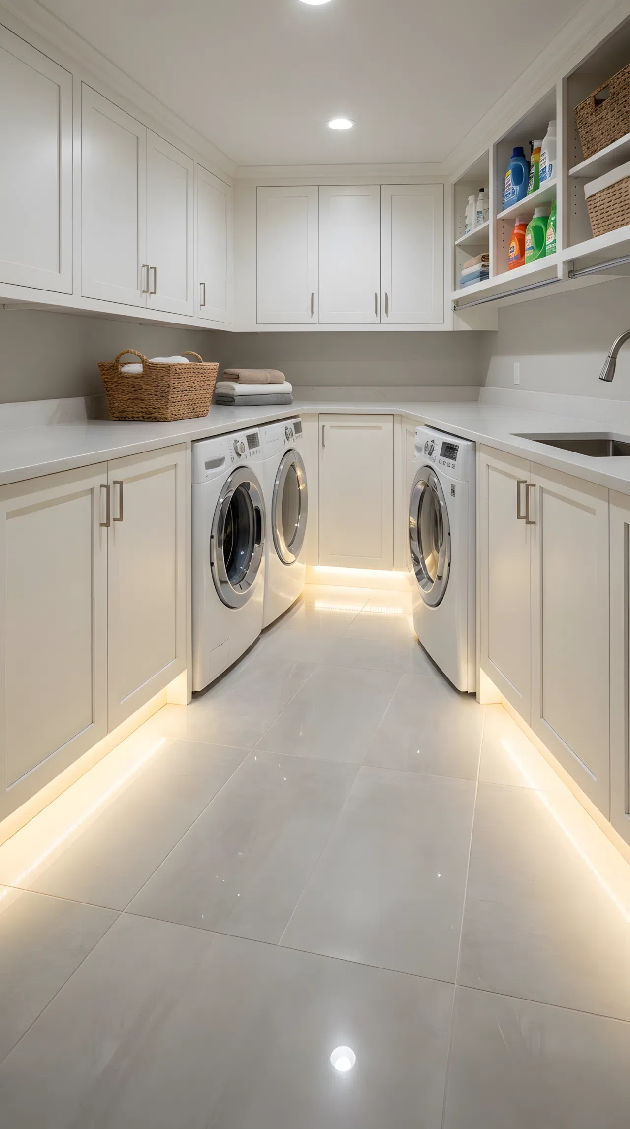 Expansive Illusion via Toe-Kick Lighting Position at Floor Level
Real-life stock photo showcasing a unique low-level lighting position in a windowless finished basement laundry room. Bright LED strips are mounted at the toe-kick position beneath white cabinets, casting a vibrant, continuous glow down across the clean tiled floor, making the subterranean space feel larger. The strategic bottom illumination eliminates floor shadows, looking perfectly organized and clean.