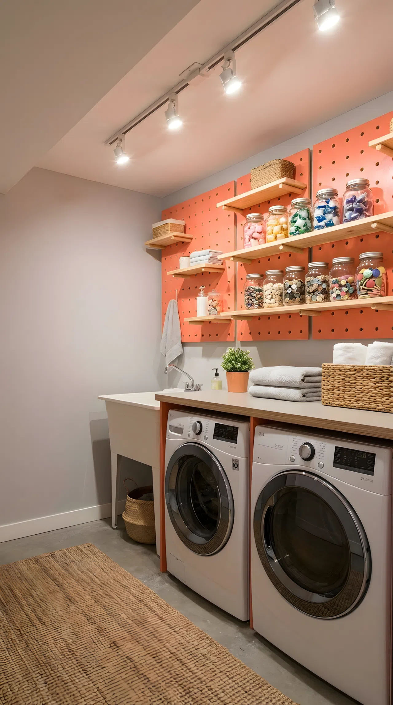 Modular Pegboard Wall with a Vibrant Color Splash
Real-life stock photography of a finished basement laundry room featuring a modular wooden pegboard painted in a vibrant coral color. The room is a cozy underground space with a low ceiling. Custom shelves are beautifully arranged with organized jars. The entire workspace looks incredibly clean, neatly made, and filled with bright artificial light.