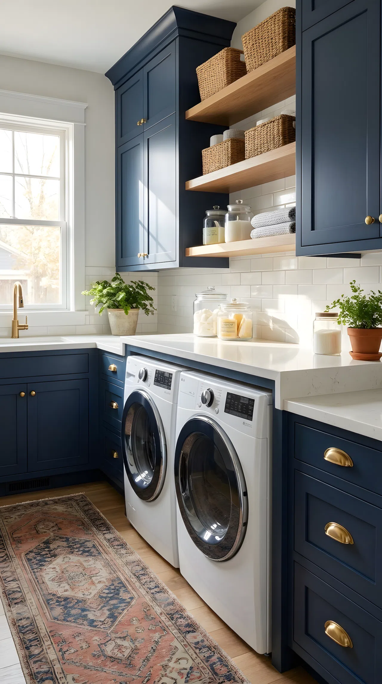 Real-life stock photography of a clean and organized laundry room featuring neatly made navy blue cabinets and vibrant gold handles. A modern white washing machine is beautifully arranged under a smooth countertop. Bright natural light streams from a side window, casting a warm glow on the organized shelves. Pinterest-ready aesthetic.