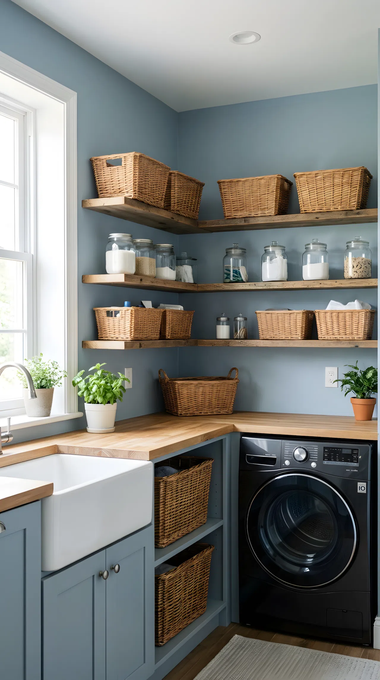 Real-life interior stock photo of a bright, clean utility room with soft slate blue walls. Beautifully arranged open wooden shelves hold organized wicker baskets and glass jars. A modern black dryer sits in the corner. Illuminated by bright natural light from an adjacent window, creating a fresh, neat atmosphere.