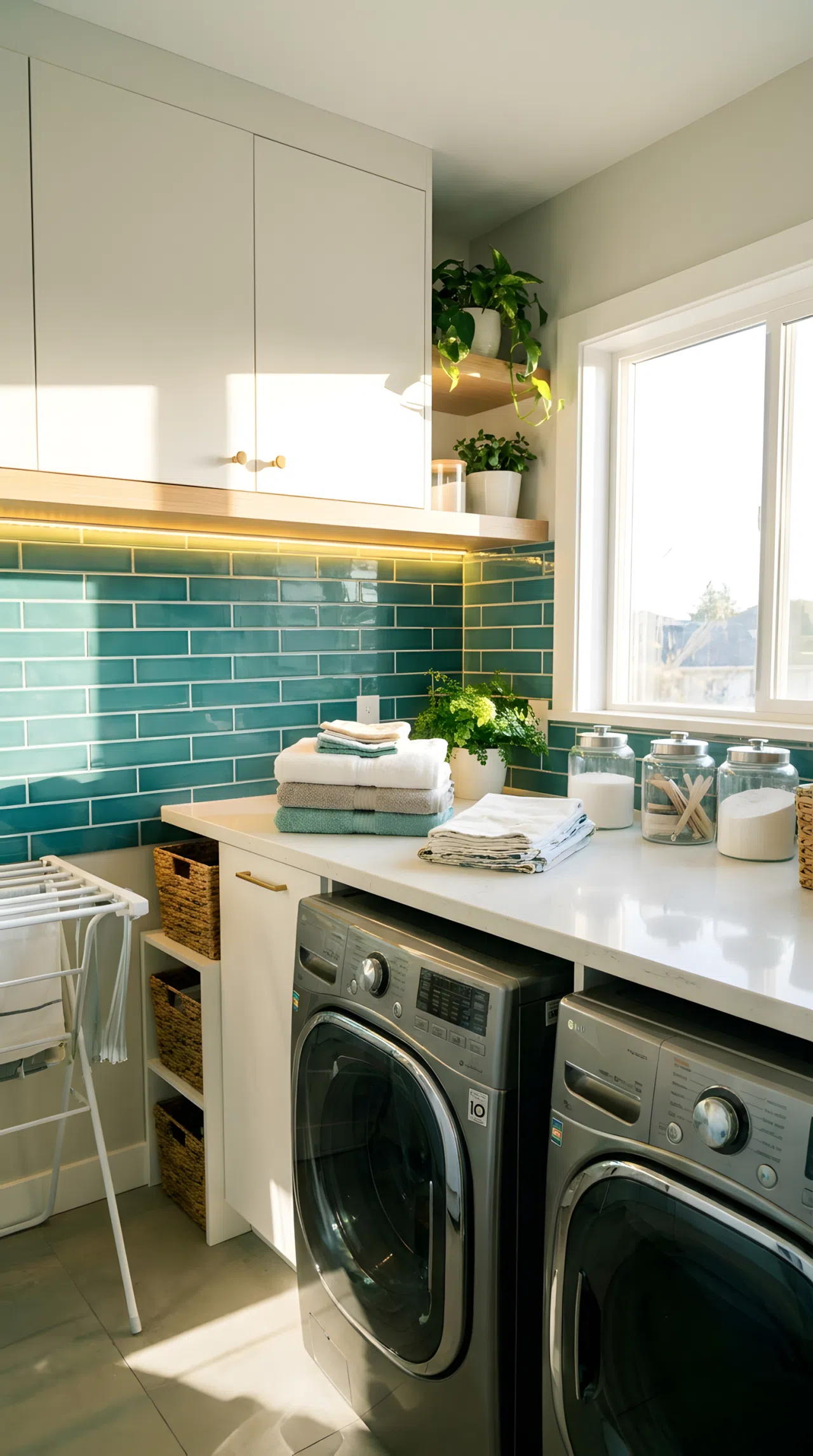 A real-life, vibrant stock photograph of a clean laundry room. Features a beautifully arranged teal tile backsplash with bright under-cabinet LED task lights casting a warm, even glow downward onto a neat white quartz countertop. A modern silver washing machine sits below. The room is filled with bright natural light, showcasing an organized and beautifully illuminated folding station.