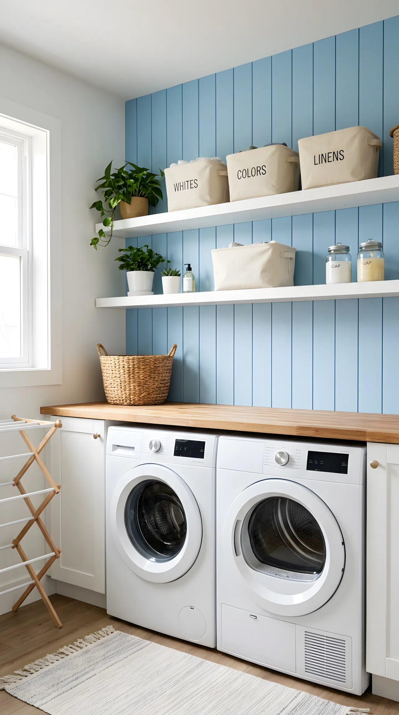 Real-life interior stock photo of a beautifully arranged laundry nook. Features a sky blue vertical shiplap accent wall, clean white shelves, and organized canvas bins. A minimalist white washing machine is neatly integrated into the space. Crisp, bright natural light fills the clean area, highlighting the vibrant blue texture.