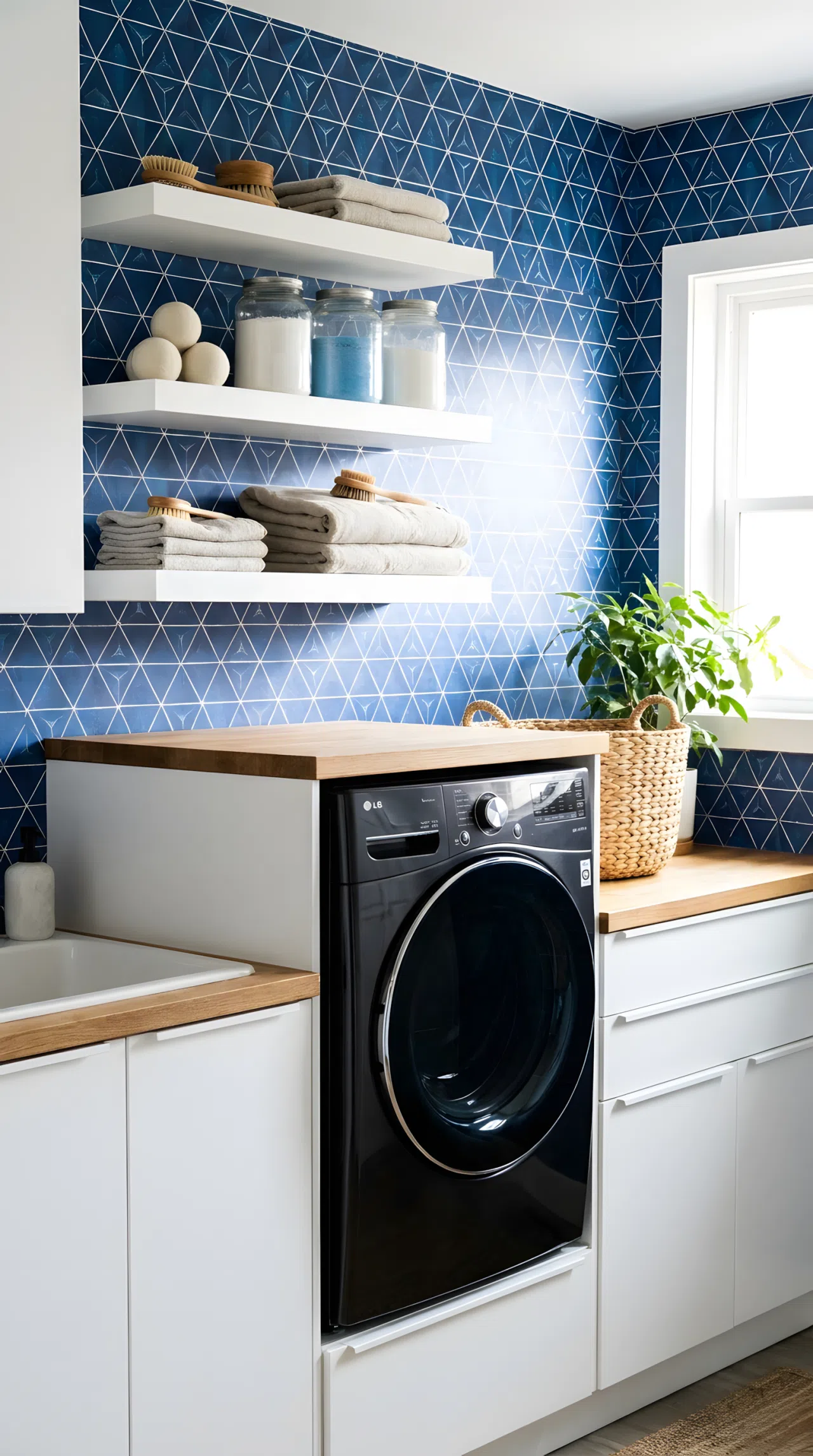 A real-life stock photo of an organized laundry room. The back wall features a vibrant indigo geometric wallpaper. White floating shelves are neatly made and beautifully arranged with laundry essentials. A modern black front-load dryer is built into the clean cabinetry. Bright natural light illuminates the vibrant pattern.