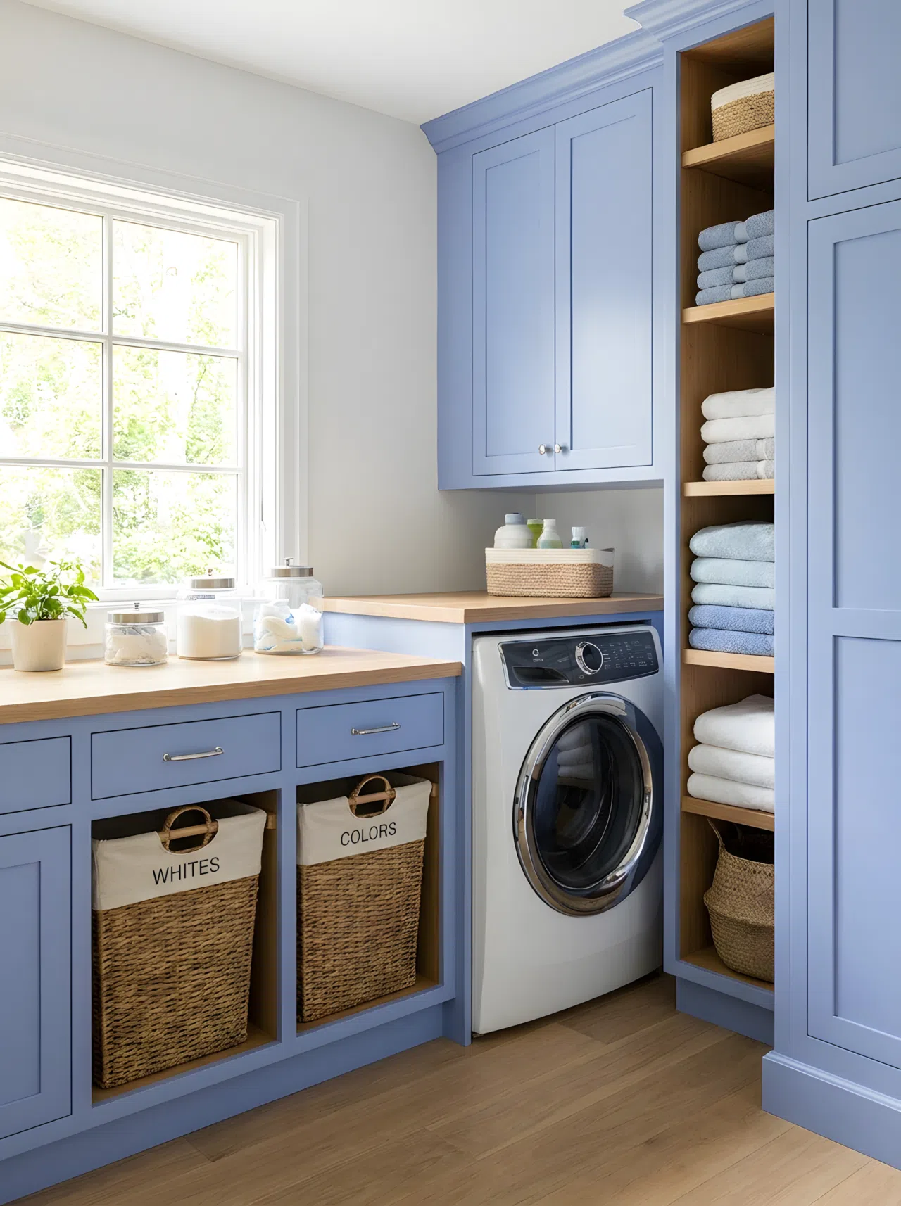 Real-life stock photography of an organized laundry room featuring neatly made periwinkle blue built-in cabinets. Features pull-out storage hampers beautifully arranged next to a clean white washing machine. Bright natural light streams across the vibrant setup, emphasizing a tidy and functional space.