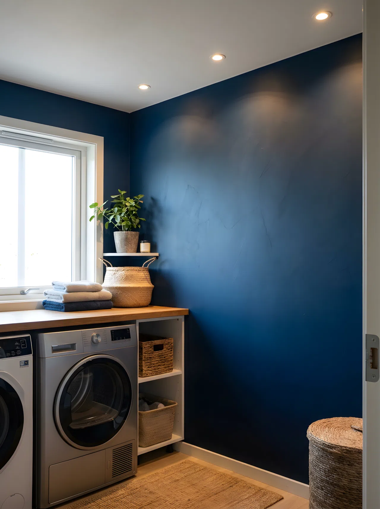 A real-life stock photo of a clean utility room with a deep midnight blue feature wall. Overhead flush light fixtures are positioned to cast a beautiful downward wash of light, highlighting the wall texture. A modern silver dryer is organized neatly against the wall under bright natural light.