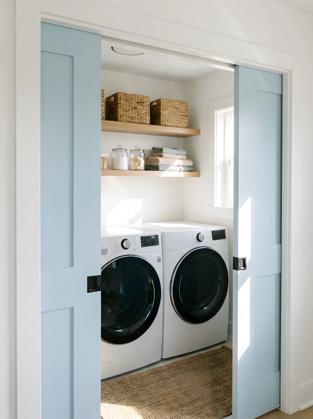 Real-life interior stock photography showing pastel powder blue pocket doors slid open to reveal a clean laundry closet. Inside, a white washer and dryer set are beautifully arranged with organized shelves above. Bright natural light fills the neat, vibrant space.