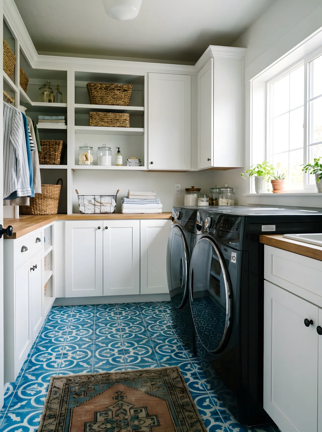 A real-life stock photograph of a beautifully arranged laundry room with vibrant cerulean blue patterned floor tiles. White cabinets are neatly made, and a modern black washing machine stands on the clean, colorful floor. Bright natural light illuminates the organized interior.