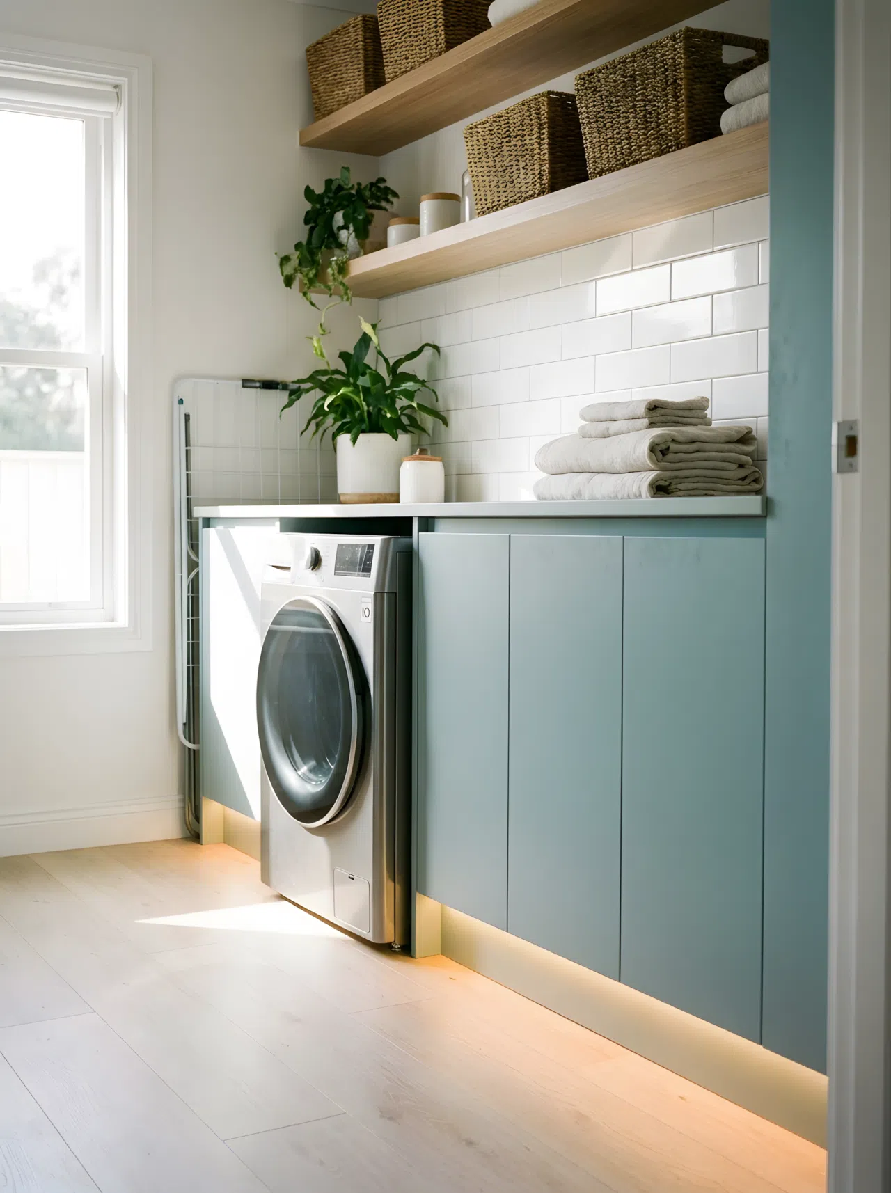 Real-life stock photography of a clean laundry room. Features a duck egg blue folding counter with LED lights positioned inside the bottom toe-kick plinth, casting a soft glow along the floor. A silver washer is beautifully arranged under the counter, lit by bright natural light.