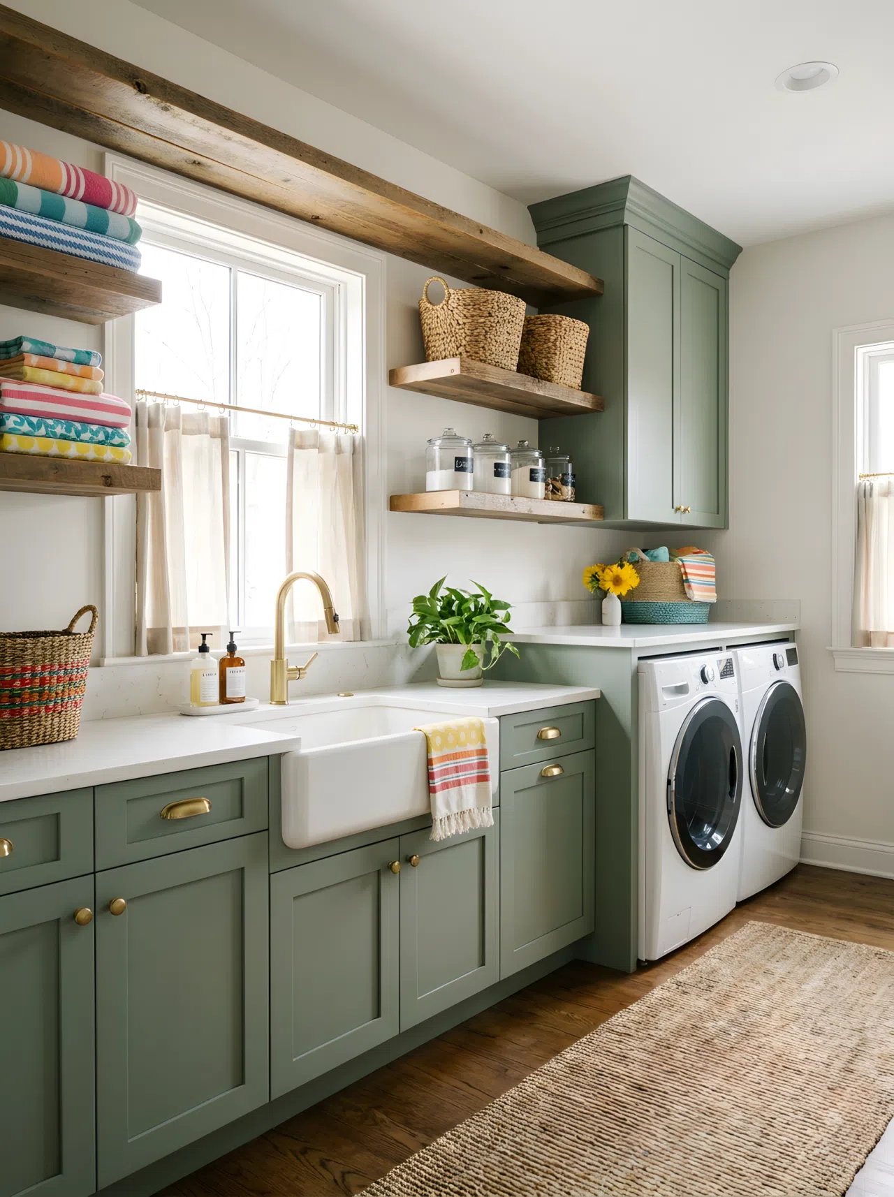 Real-life photo of a laundry room with sage green cabinets and brass hardware, open wooden shelving, neatly folded towels beautifully arranged, bright natural light streaming through a window, organized and clean countertop, vibrant color tones, stock photography style.