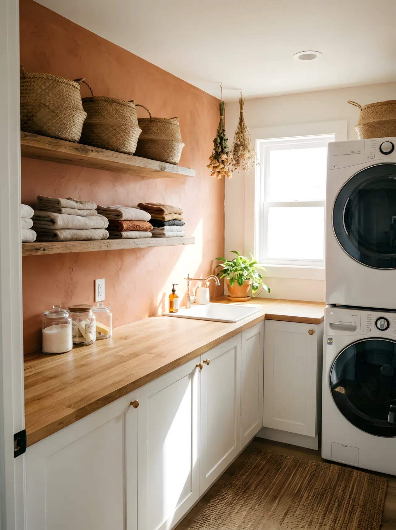 Real-life photo of a small laundry room with one terracotta accent wall, woven baskets on open wood shelving, folded linens neatly arranged, bright natural light, clean organized countertop, vibrant warm tones, stock photography style.