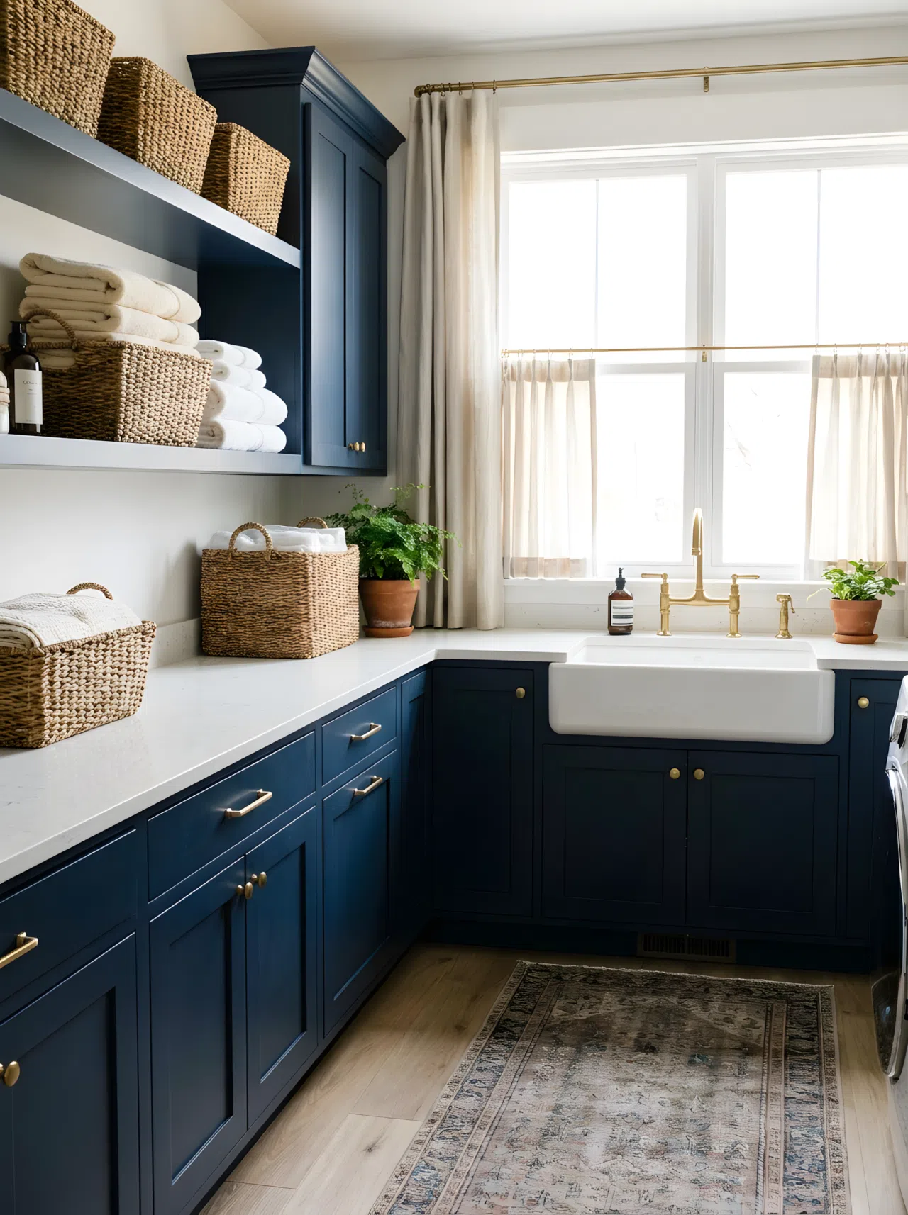Real-life photo of a laundry room with navy blue base cabinets, white countertop neatly organized, brass faucet, folded laundry beautifully arranged in baskets, bright natural light, clean vibrant colors, stock photography style.