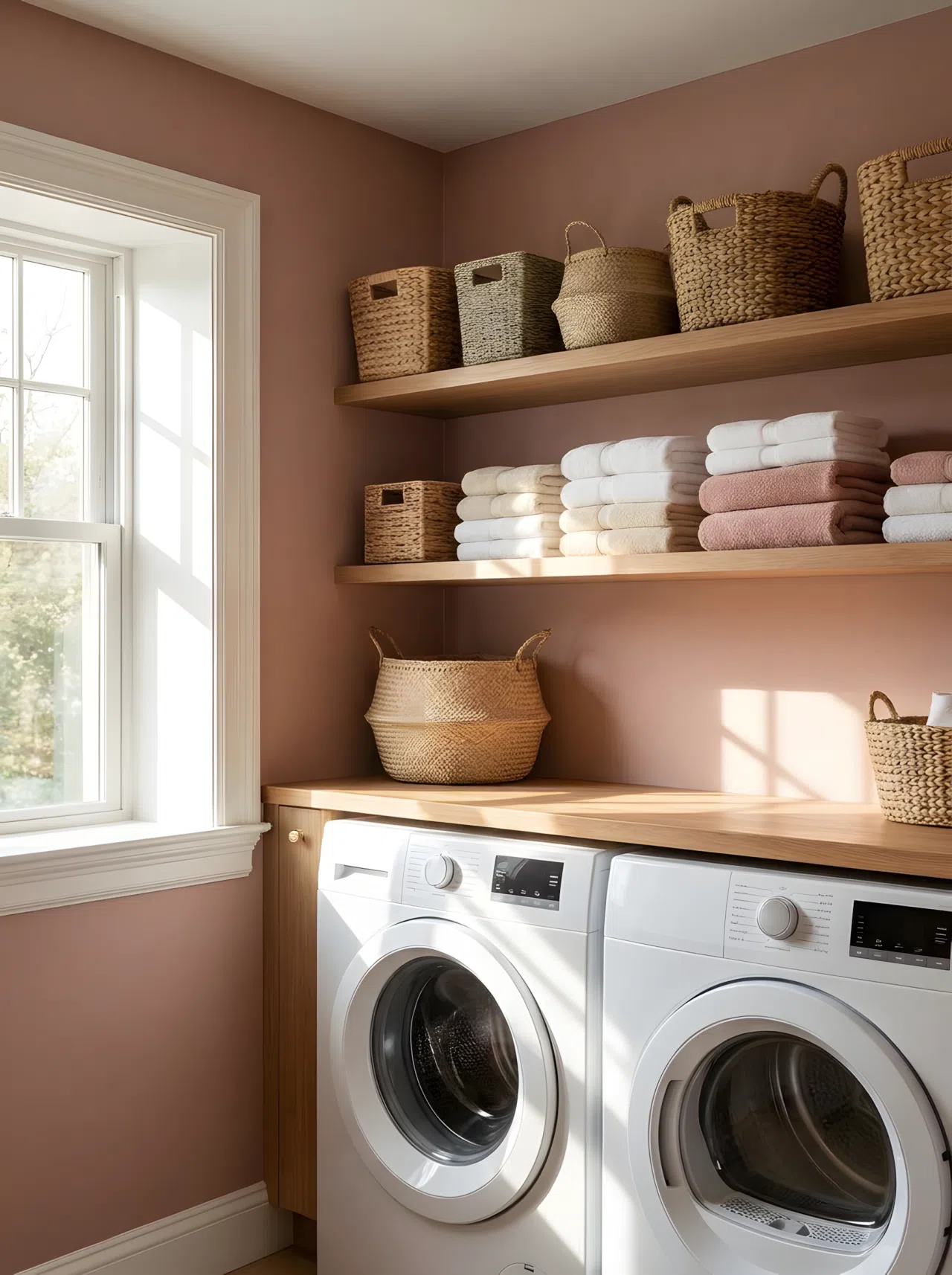 Real-life photo of a laundry room with dusty rose painted walls, woven natural fiber baskets neatly arranged, folded towels organized on open shelves, bright natural light, clean and beautifully arranged space, vibrant soft tones, stock photography style.