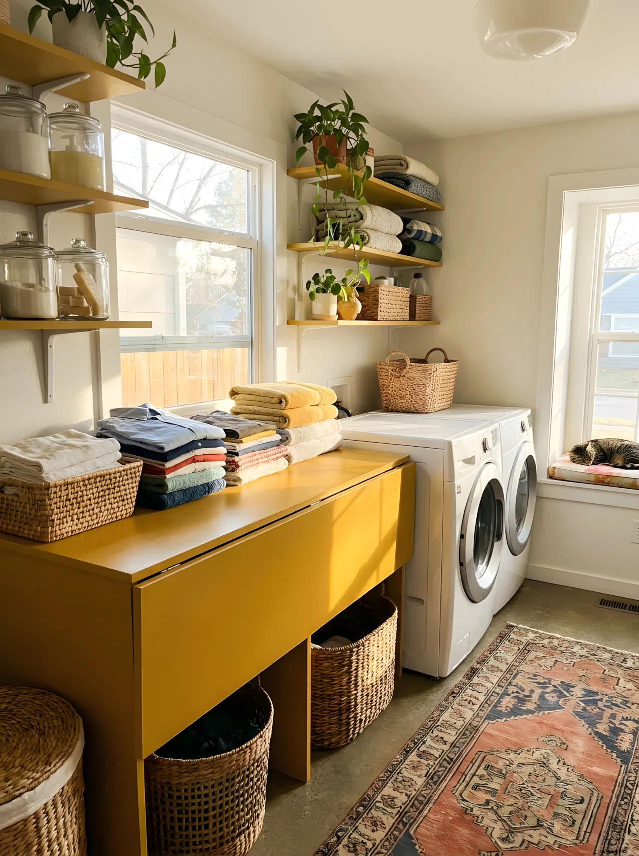 Real-life photo of a laundry room with a mustard yellow folding station positioned beneath a bright window, sunlight streaming directly across the neatly folded laundry, beautifully arranged and organized counter, clean vibrant colors, stock photography style.