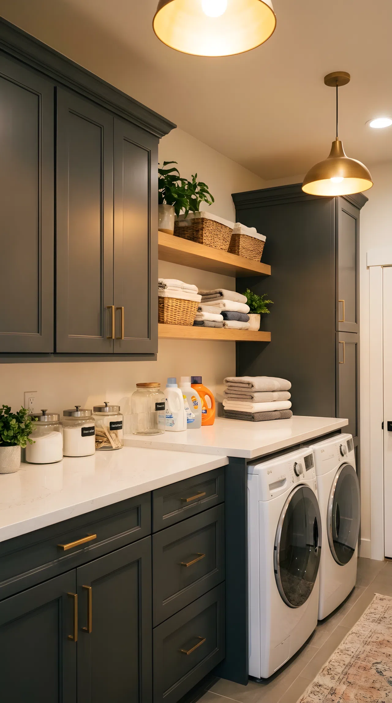 Real-life photo of a laundry room with charcoal grey cabinets, gold cabinet pulls, light countertop neatly organized, folded laundry beautifully arranged, warm overhead lighting casting a soft glow, clean vibrant tones, stock photography style.