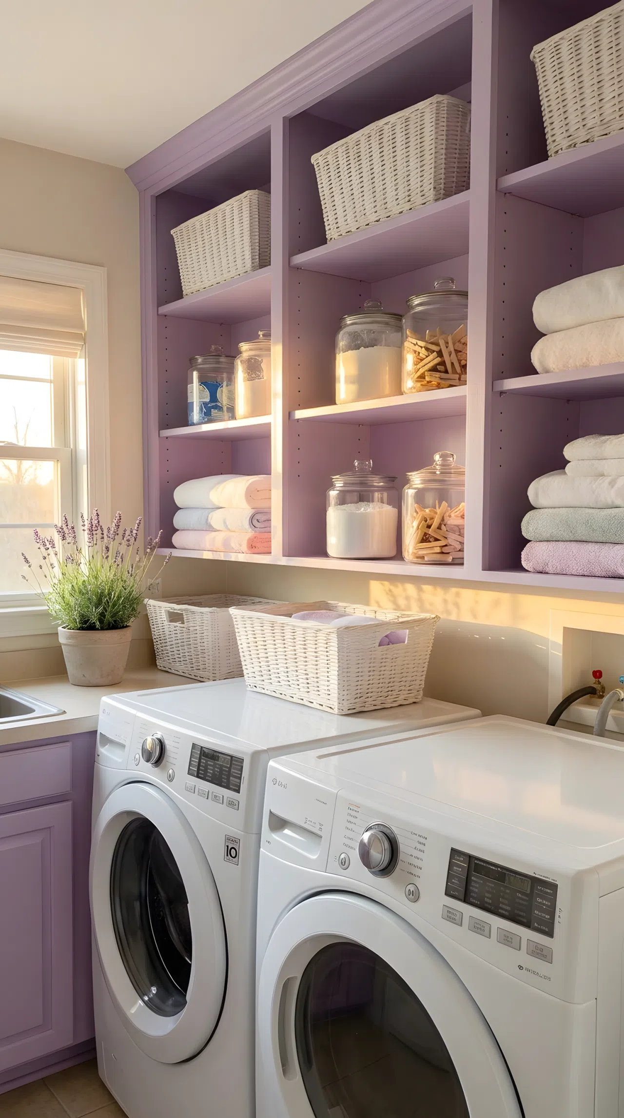 Real-life photo of a laundry room with lavender purple open shelving, white woven baskets and glass jars neatly arranged, folded towels organized, soft afternoon natural light glowing across the shelves, clean vibrant colors, stock photography style.