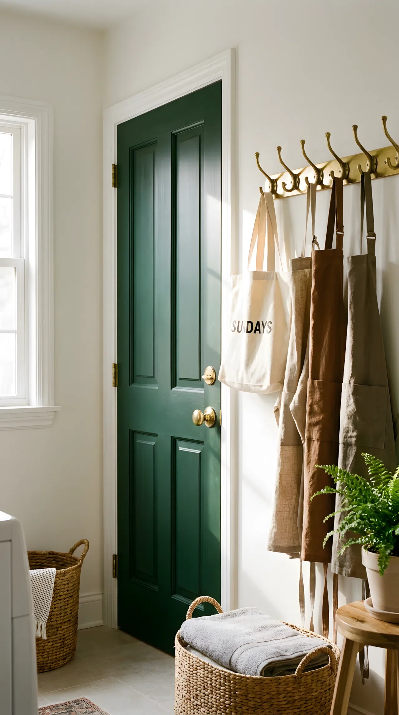 Real-life photo of a laundry room entrance with a deep forest green door, brass hooks holding neatly hung tote bags and aprons, organized and clean space, bright morning natural light hitting the brass hardware, vibrant tones, stock photography style.