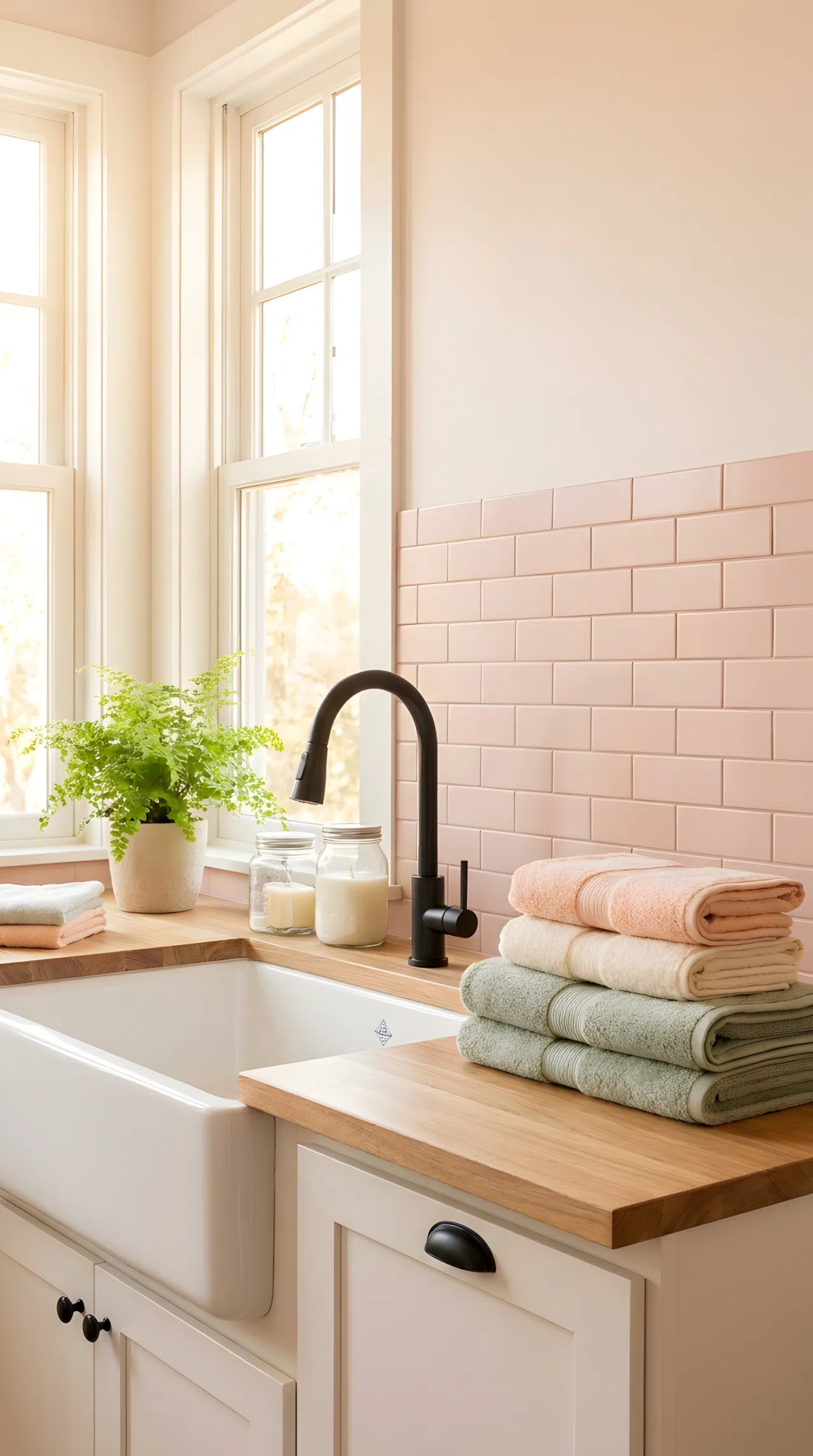 Real-life photo of a laundry sink area with a blush pink tile backsplash, matte black faucet, neatly organized countertop with folded towels, bright natural light near a window, clean beautifully arranged space, vibrant soft tones, stock photography style.