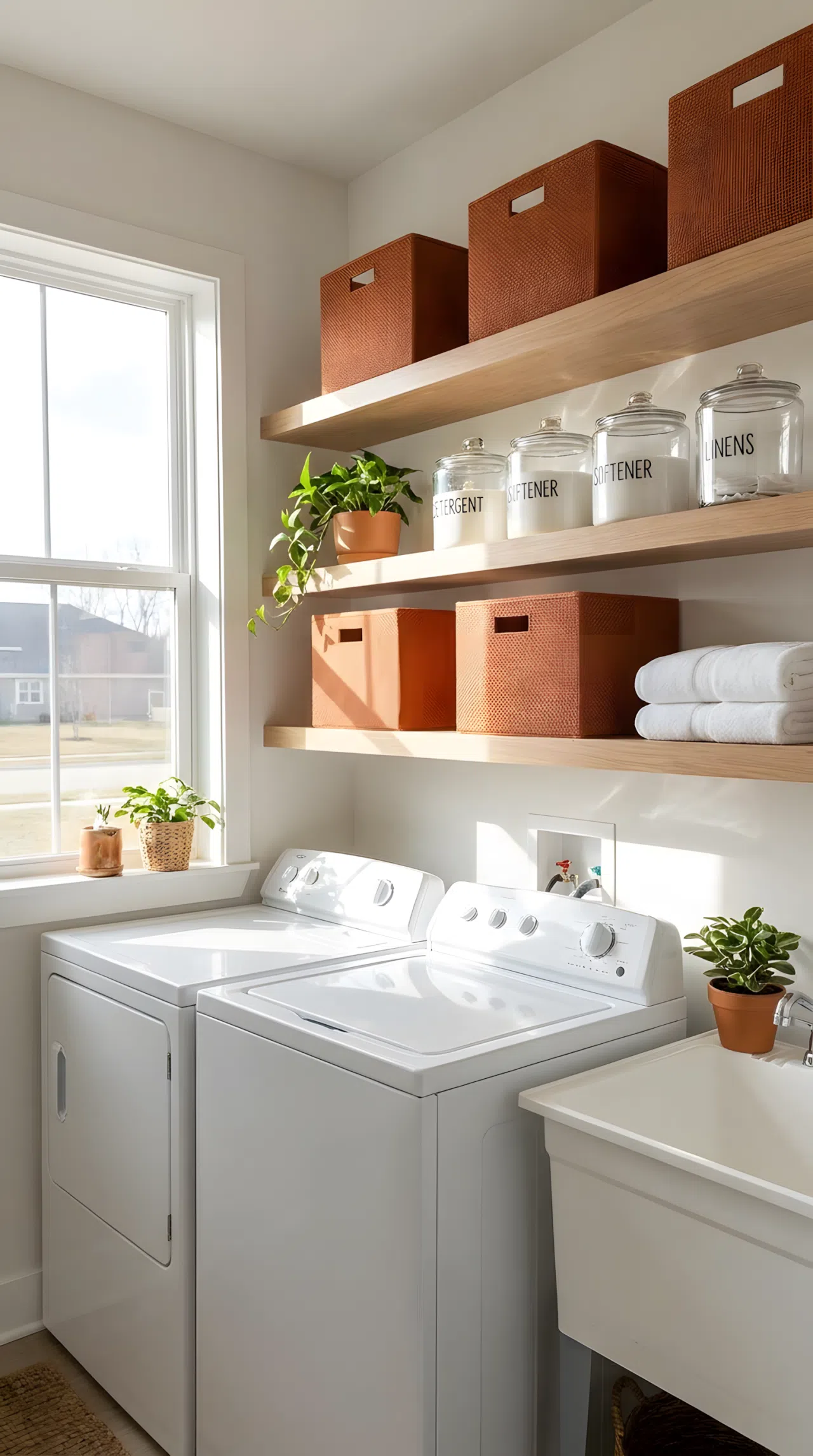 Real-life photo of a laundry room with open shelving holding burnt orange storage bins neatly arranged, labeled containers organized, bright natural light highlighting the vibrant orange tones, clean and beautifully arranged shelf, stock photography style.