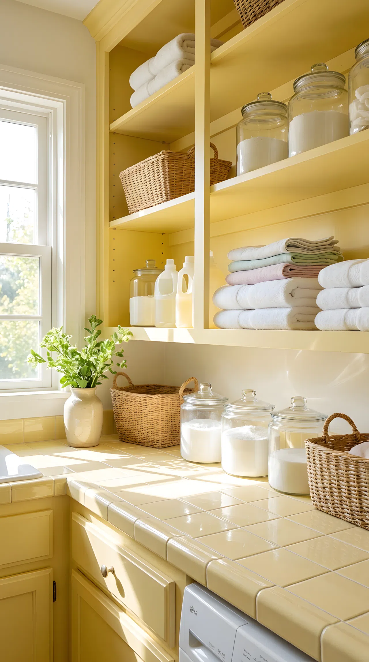 Real-life photo of a laundry room with butter yellow open shelving, glass canisters filled with detergent neatly arranged, folded linens organized on the shelf, bright natural light reflecting off the pale yellow surface, clean vibrant tones, stock photography style.