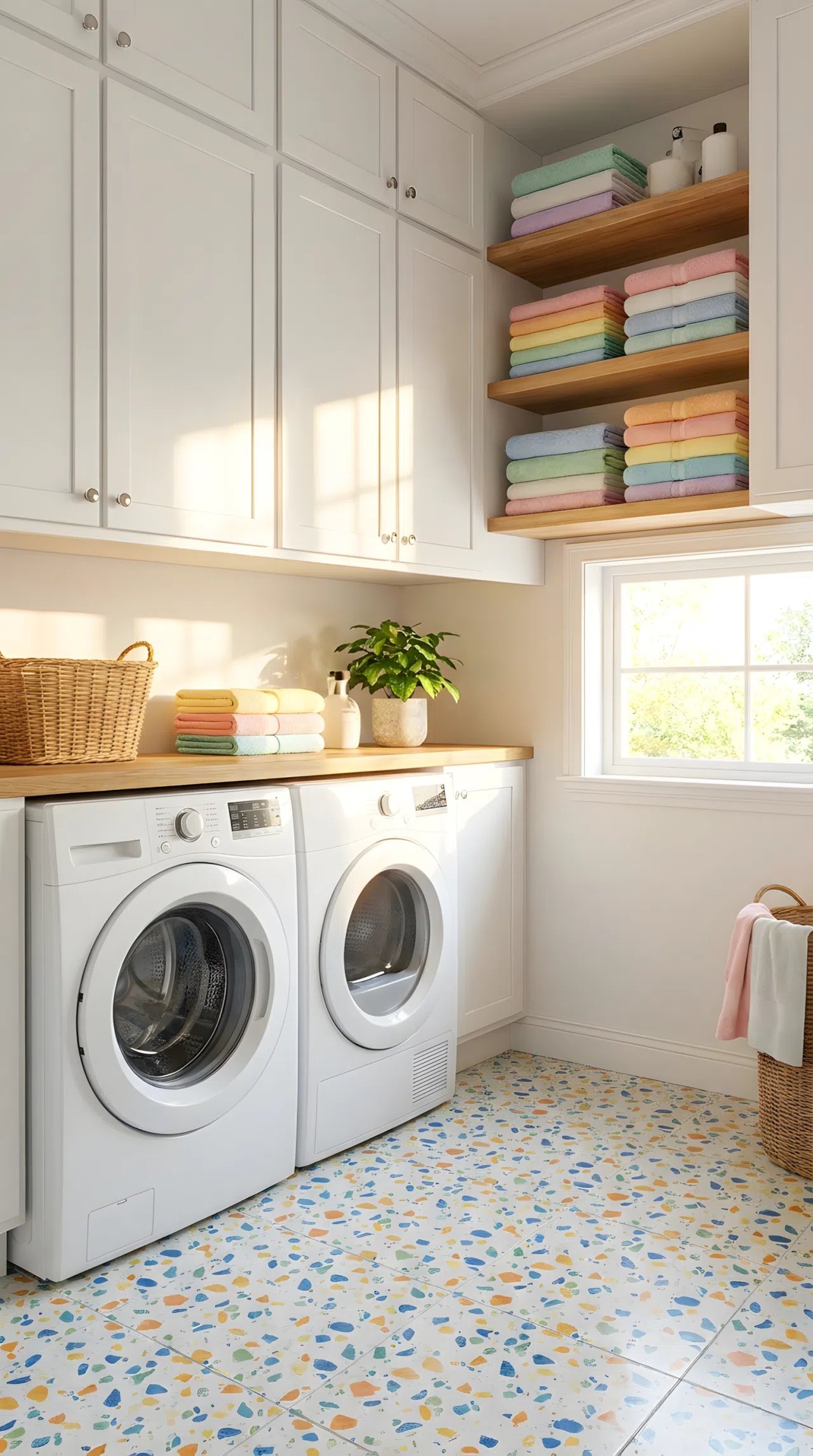 Real-life photo of a laundry room with colorful terrazzo-patterned flooring, white cabinets neatly organized above, folded towels beautifully arranged, bright natural light highlighting the flecked floor pattern, clean vibrant colors, stock photography style.