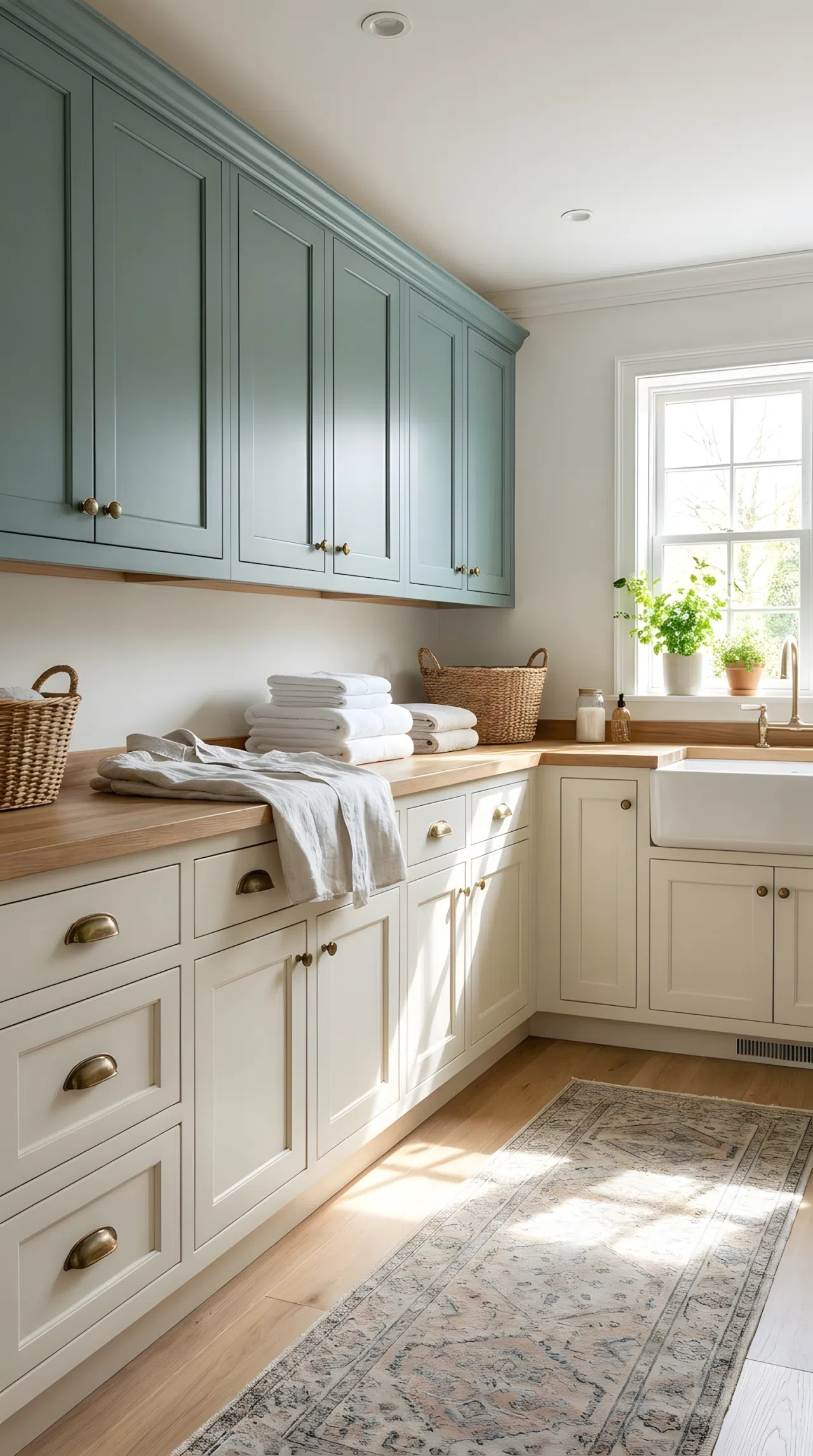 Real-life photo of a laundry room with teal upper cabinets and cream lower cabinets, brass hardware, countertop neatly organized with folded laundry, bright natural light, clean beautifully arranged space, vibrant color contrast, stock photography style.