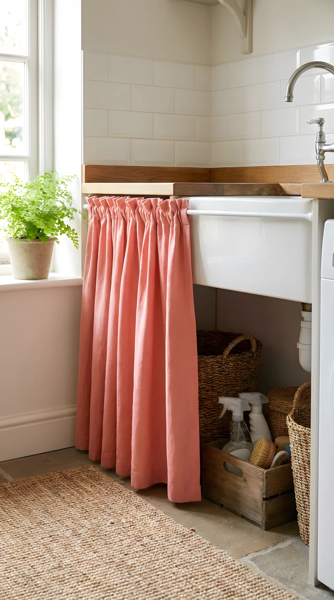 Real-life photo of a laundry sink with a coral pink fabric curtain skirt hanging neatly underneath, organized cleaning supplies hidden behind, bright natural light filtering through the fabric, clean beautifully arranged space, vibrant tones, stock photography style.
