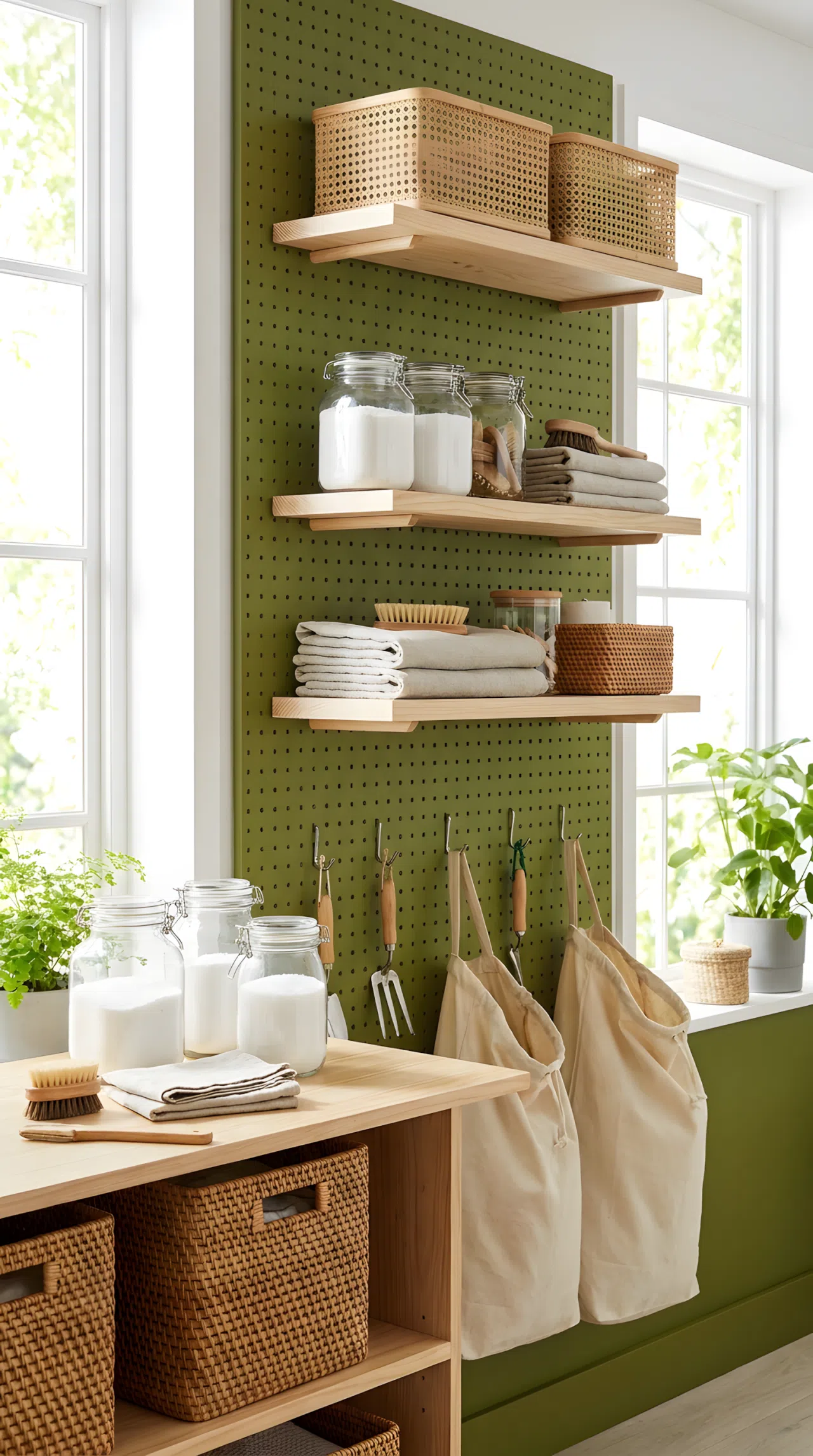 Real-life photo of a laundry room with an olive green pegboard wall, wood and rattan organizing accessories neatly arranged, hanging baskets and hooks organized, bright natural light deepening the green tone, clean vibrant colors, stock photography style.