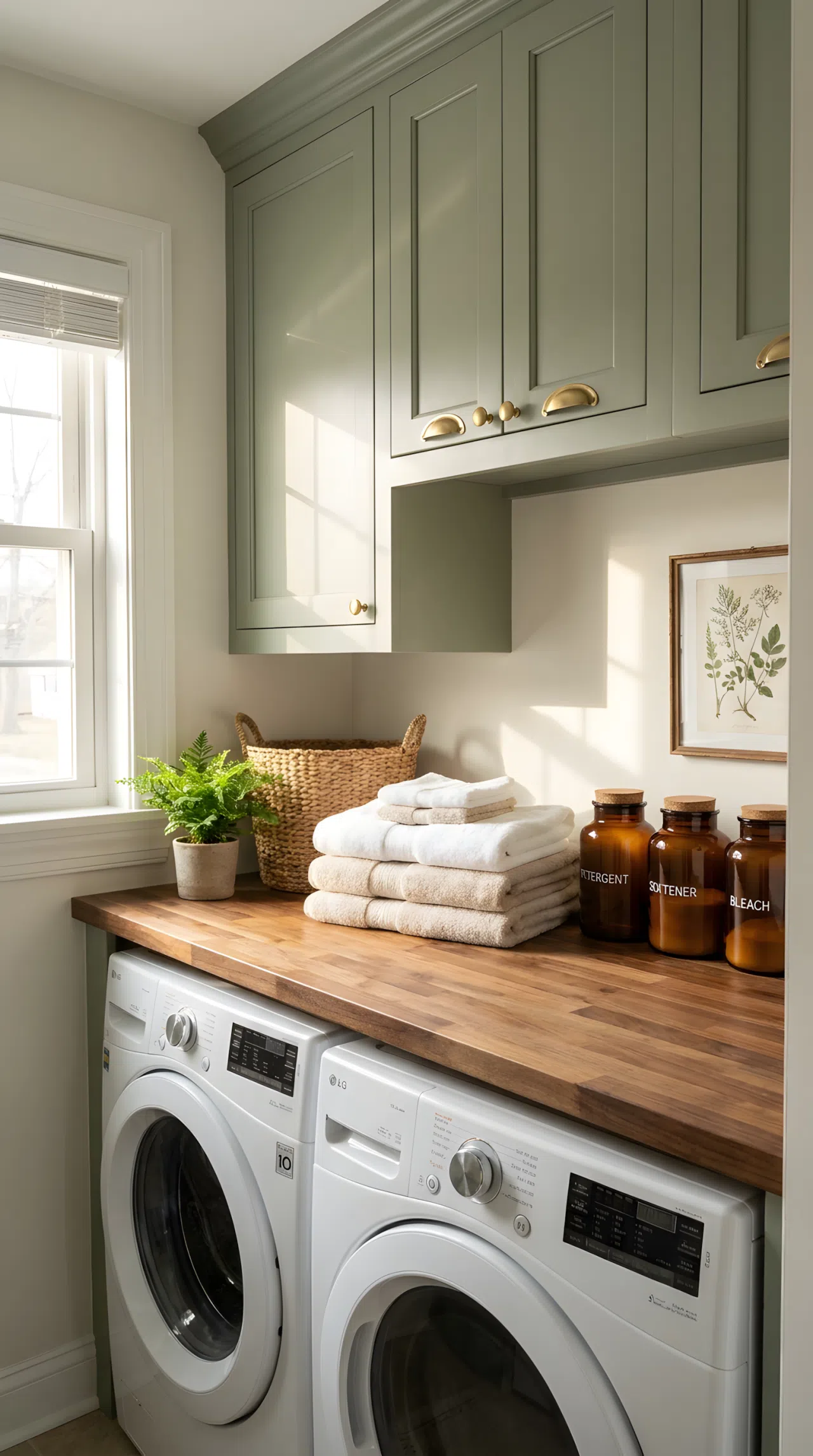 Real-life photograph of a small laundry room with sage green cabinetry and brass hardware, warm wood countertop, neatly made stack of folded towels, beautifully arranged detergent bottles in glass containers, organized and clean surfaces, bright natural light streaming through a nearby window, white washer and dryer, shot on a DSLR, cozy magazine-style stock photo, no illustration, no 3D render.