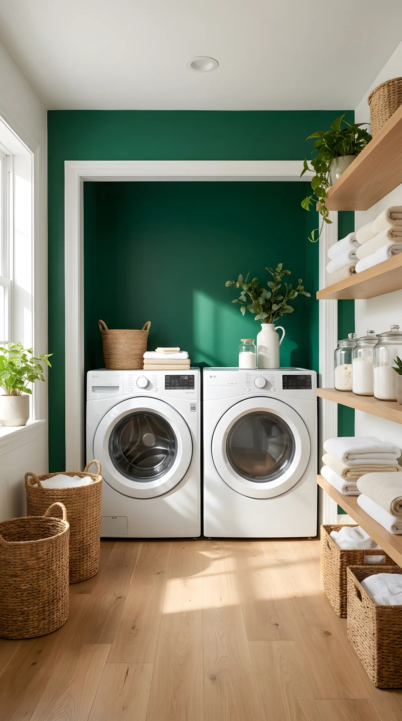Real-life photograph of a laundry room with a deep emerald green accent wall, white washer and dryer against the wall, white trim and light wood floor, open shelving with neatly folded linens, beautifully arranged laundry baskets, organized and clean space, bright natural light from a side window, vibrant true-to-life color, stock photography style, no illustration, no 3D render.