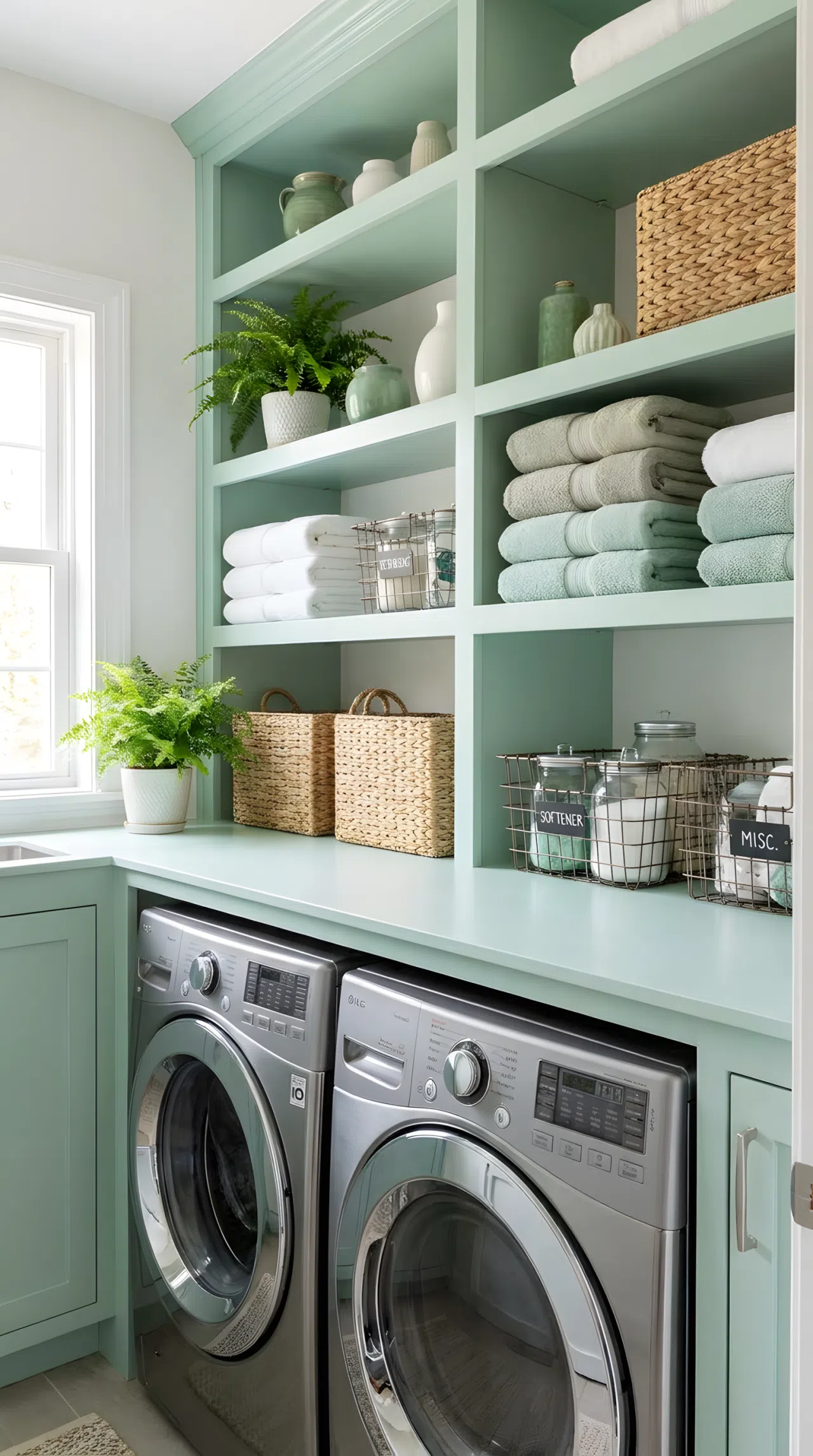 Real-life photograph of mint green open wooden shelving in a laundry room, neatly made stacks of folded towels, beautifully arranged woven baskets with labeled jars, organized and clean shelf styling, bright natural light, vibrant mint and sage tones, silver washer and dryer below, stock photo aesthetic, no illustration, no 3D render.
