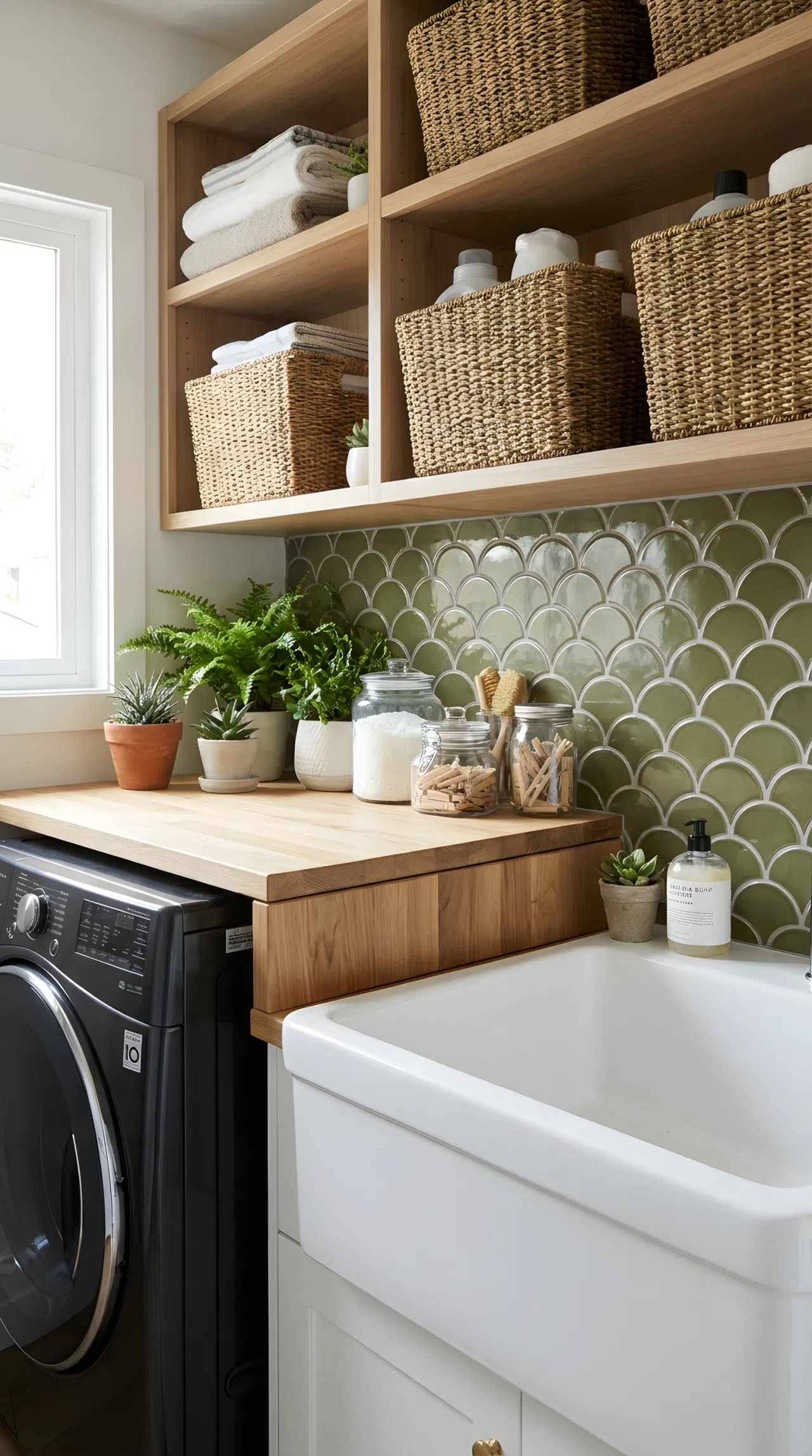 Real-life photograph of an olive green fish-scale tile backsplash above a laundry sink, light grout lines, woven baskets and natural wood folding counter, neatly made clean styling, beautifully arranged small plants and glass jars, organized countertop, bright natural light, black washer and dryer nearby, stock photography, no illustration, no 3D render.