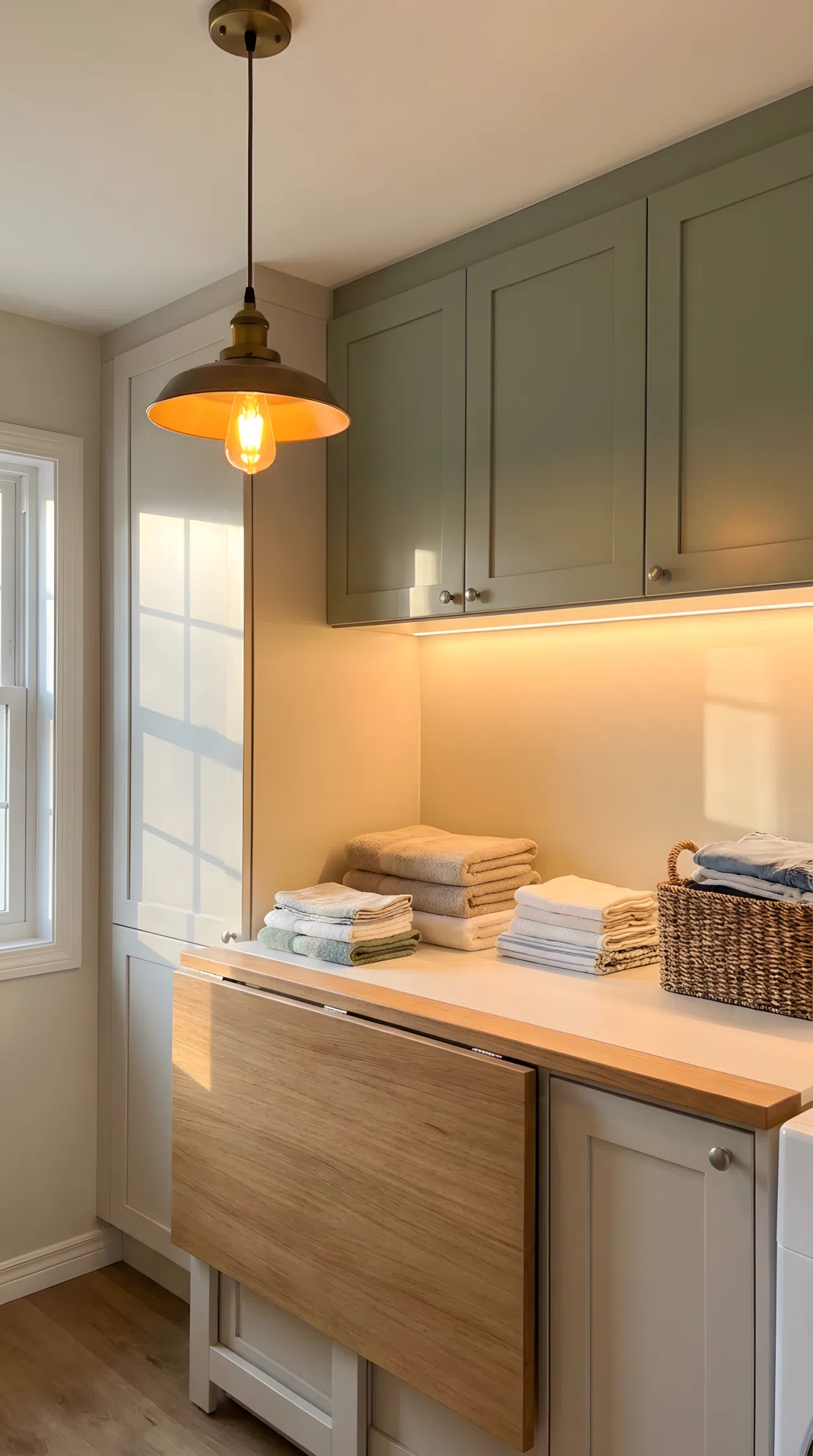 Real-life photograph of a laundry room with a pendant light positioned directly above a folding counter, warm glowing light pooling on neatly folded laundry, under-cabinet lighting strip glowing beneath sage green upper shelves, soft light reflecting off cabinetry, beautifully arranged folded towels illuminated clearly, organized and clean counter, bright natural light mixed with warm artificial light, no upward angle, stock photography, no illustration, no 3D render.