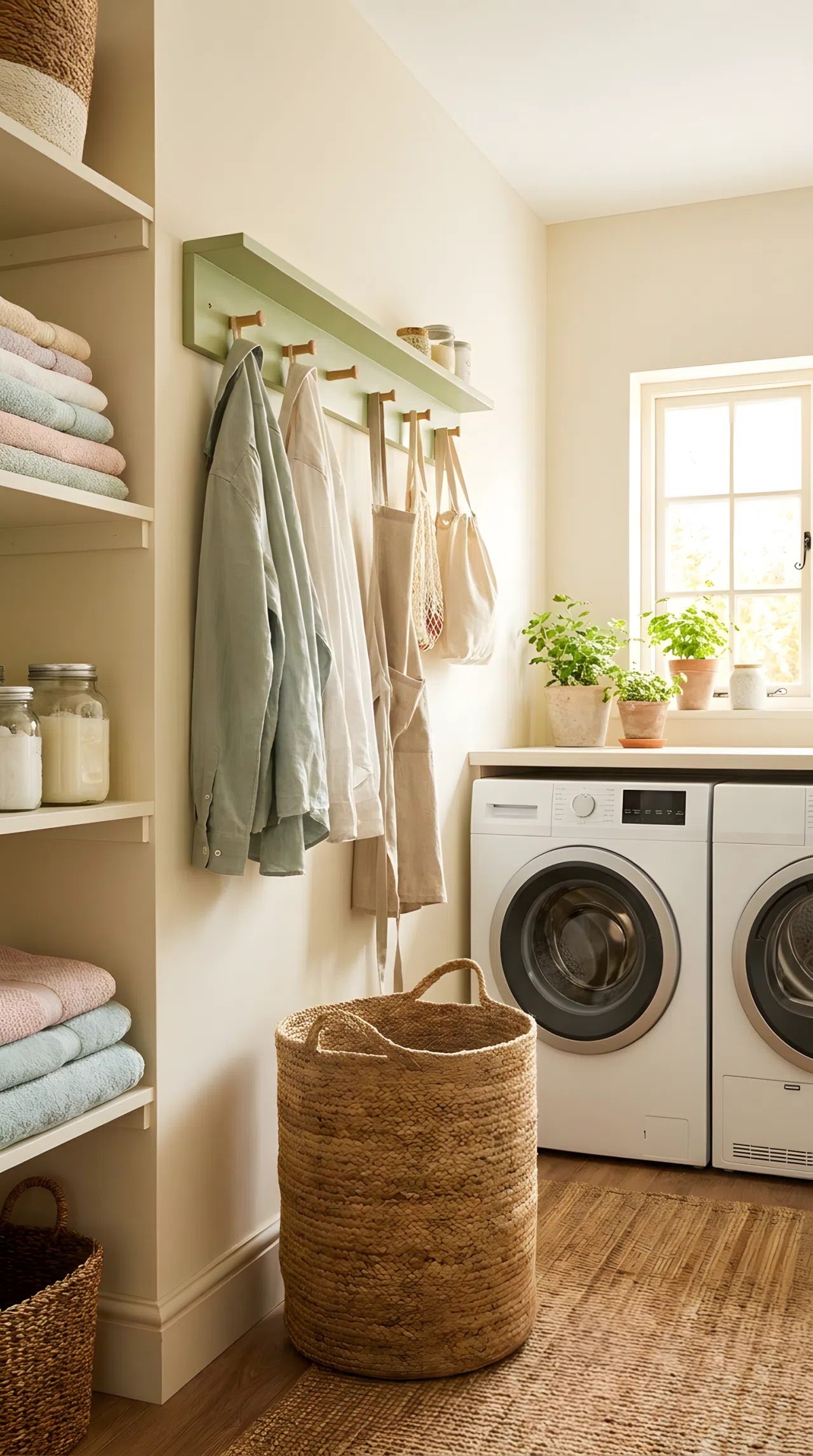 Real-life photograph of a pistachio green wooden peg rail mounted on a laundry room wall, neatly hung clothes on wooden pegs, woven hamper beneath, beautifully arranged folded linens on a nearby shelf, organized and clean wall styling, bright natural light, vibrant soft green tone, white washer and dryer in the background, stock photography, no illustration, no 3D render.