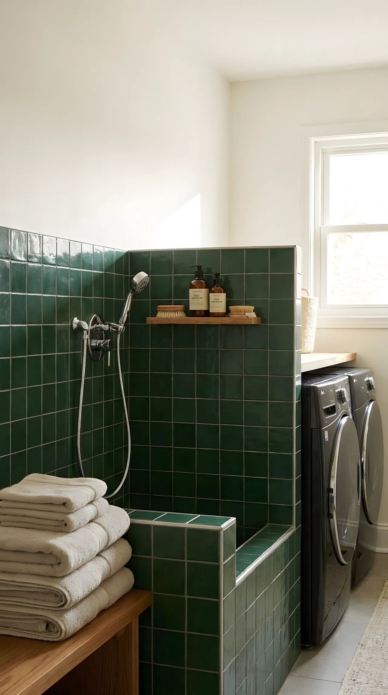 Real-life photograph of a forest green tiled dog wash station built into a laundry room corner, handheld sprayer mounted on the wall, neatly folded dog towels stacked nearby, beautifully arranged shampoo bottles on a small shelf, organized and clean tile surface, bright natural light, black washer and dryer beside the station, stock photography, no illustration, no 3D render.
