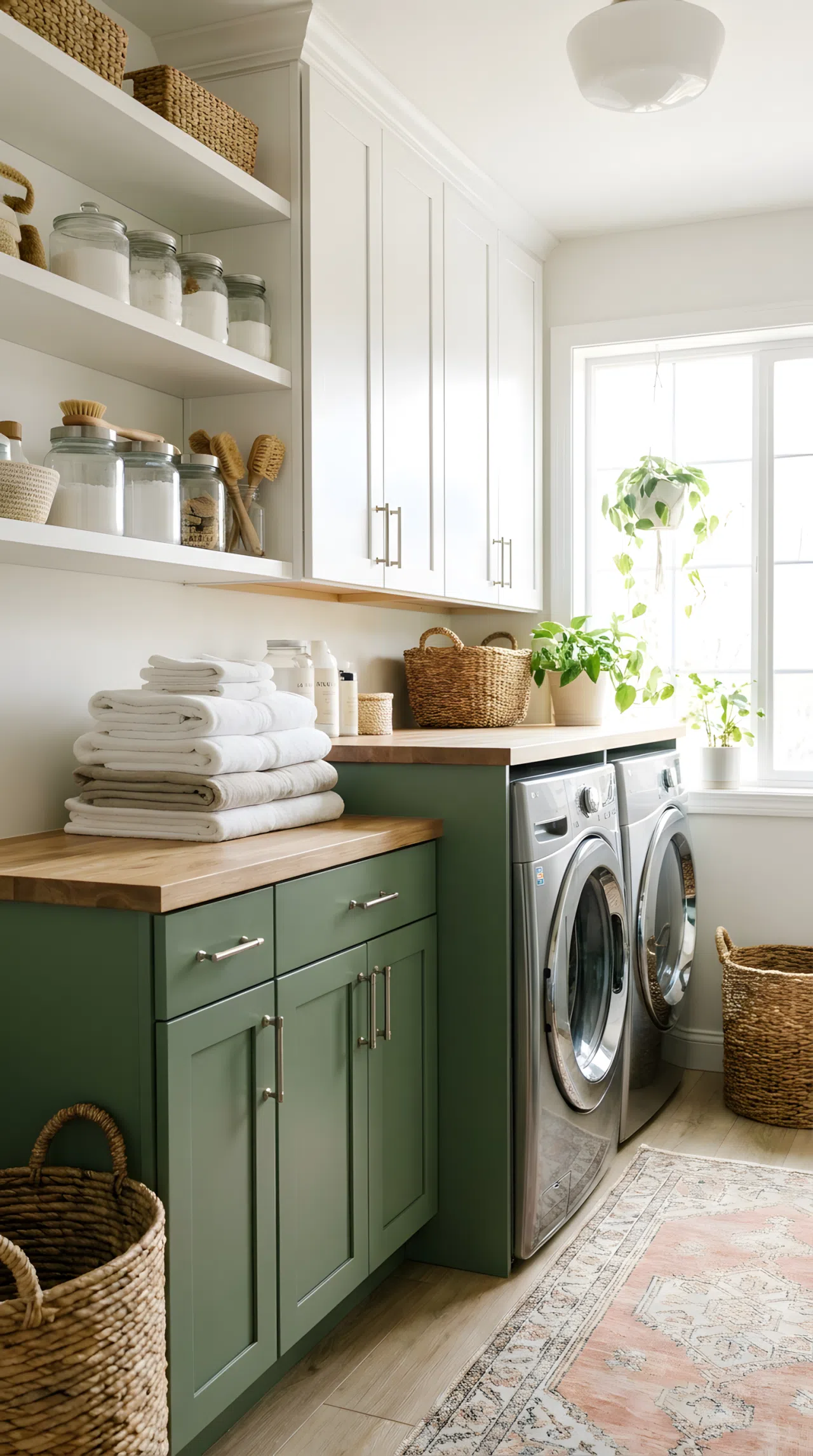 Real-life photograph of a laundry room with two-tone cabinetry, fern green lower cabinets and white upper cabinets, brushed nickel handles, neatly arranged folded towels on the counter, beautifully organized cleaning supplies, clean and tidy surfaces, bright natural light, silver washer and dryer, stock photography, no illustration, no 3D render.