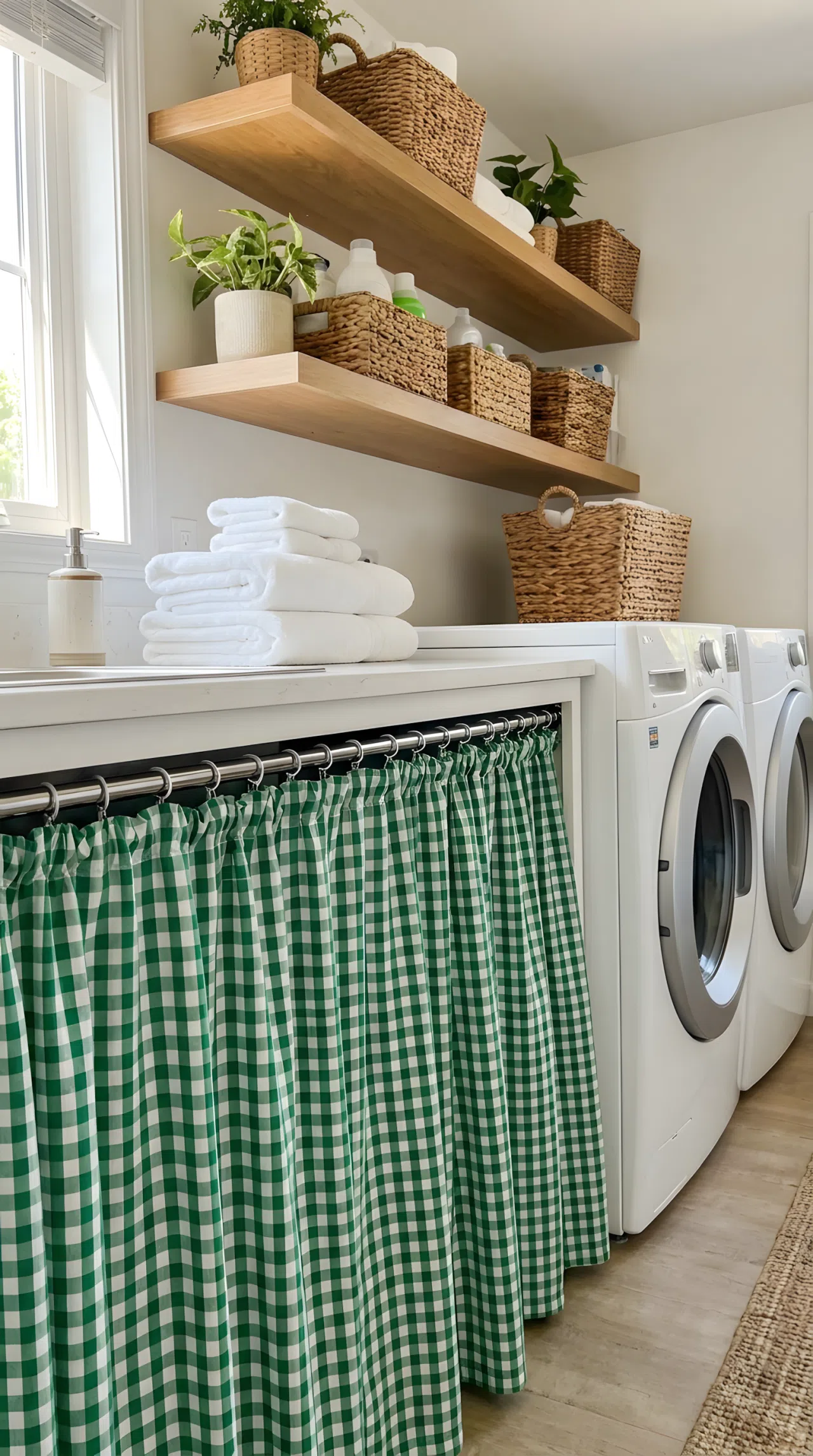 Real-life photograph of a laundry room counter with a green gingham curtain skirt hiding storage underneath, tension rod installation, neatly arranged baskets visible on open shelving above, beautifully folded towels on the counter, organized and clean styling, bright natural light, vibrant green gingham pattern, white washer and dryer nearby, stock photography, no illustration, no 3D render.