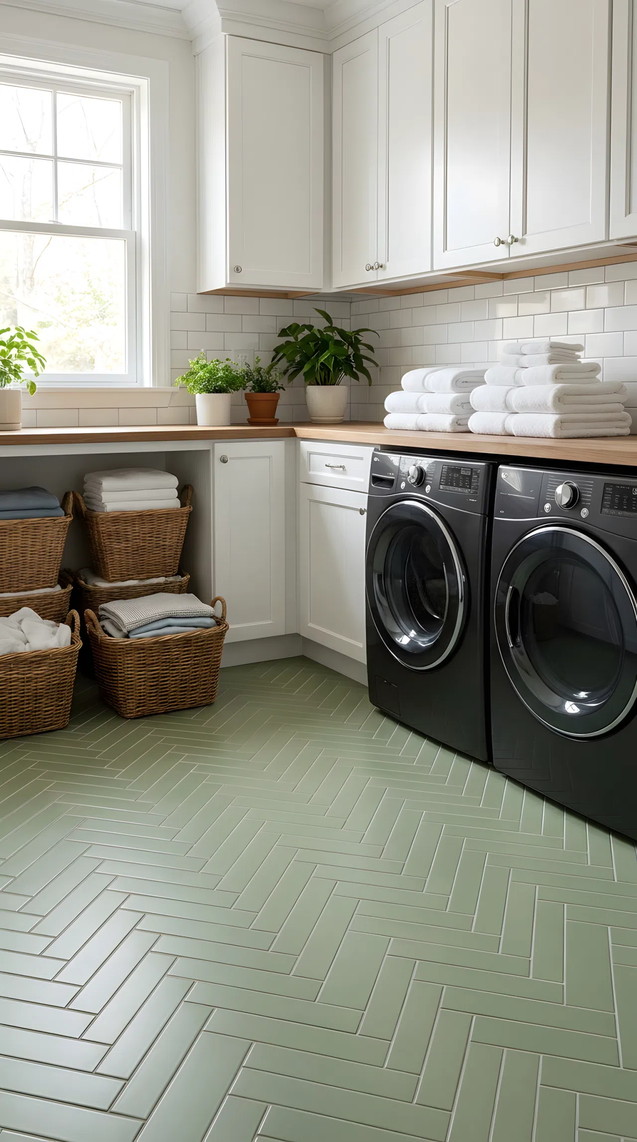 Real-life photograph of a laundry room floor with celery green herringbone tile pattern, matte finish, white cabinetry and walls above, neatly arranged laundry baskets on the floor, beautifully organized folded towels on a nearby counter, clean and tidy space, bright natural light, black washer and dryer, stock photography, no illustration, no 3D render.