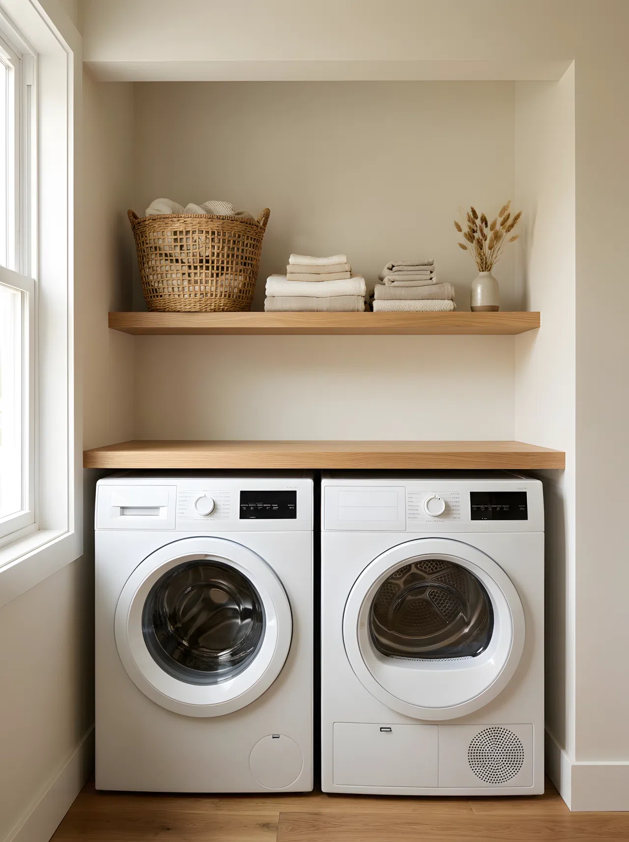 Japandi interior style open shelf in light oak wood above a washing machine and dryer, minimalist styling with neatly stacked folded towels and a woven rattan basket, warm neutral tones, clean lines, no clutter, organized and clean, bright natural light, realistic home photography, eye-level angle.